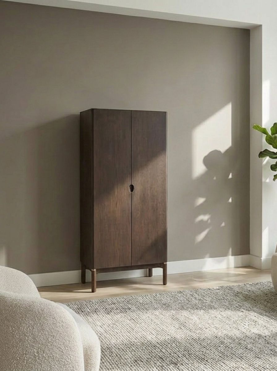 Image of Wooden cabinet against a neutral wall with soft lighting