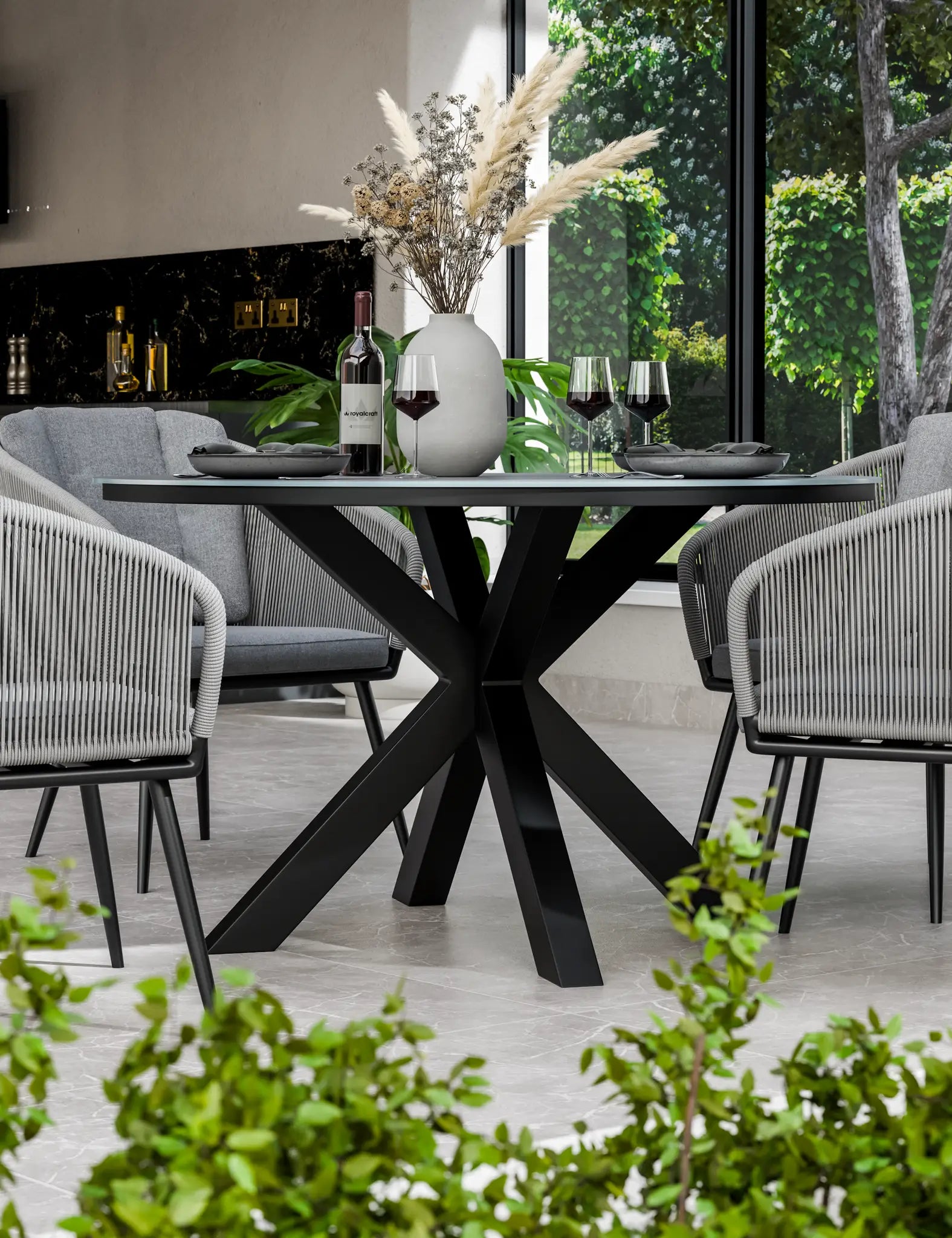 Image of Aspen 4 Seater Round Ceramic Glass Dining Set with Aspen Rope Chairs