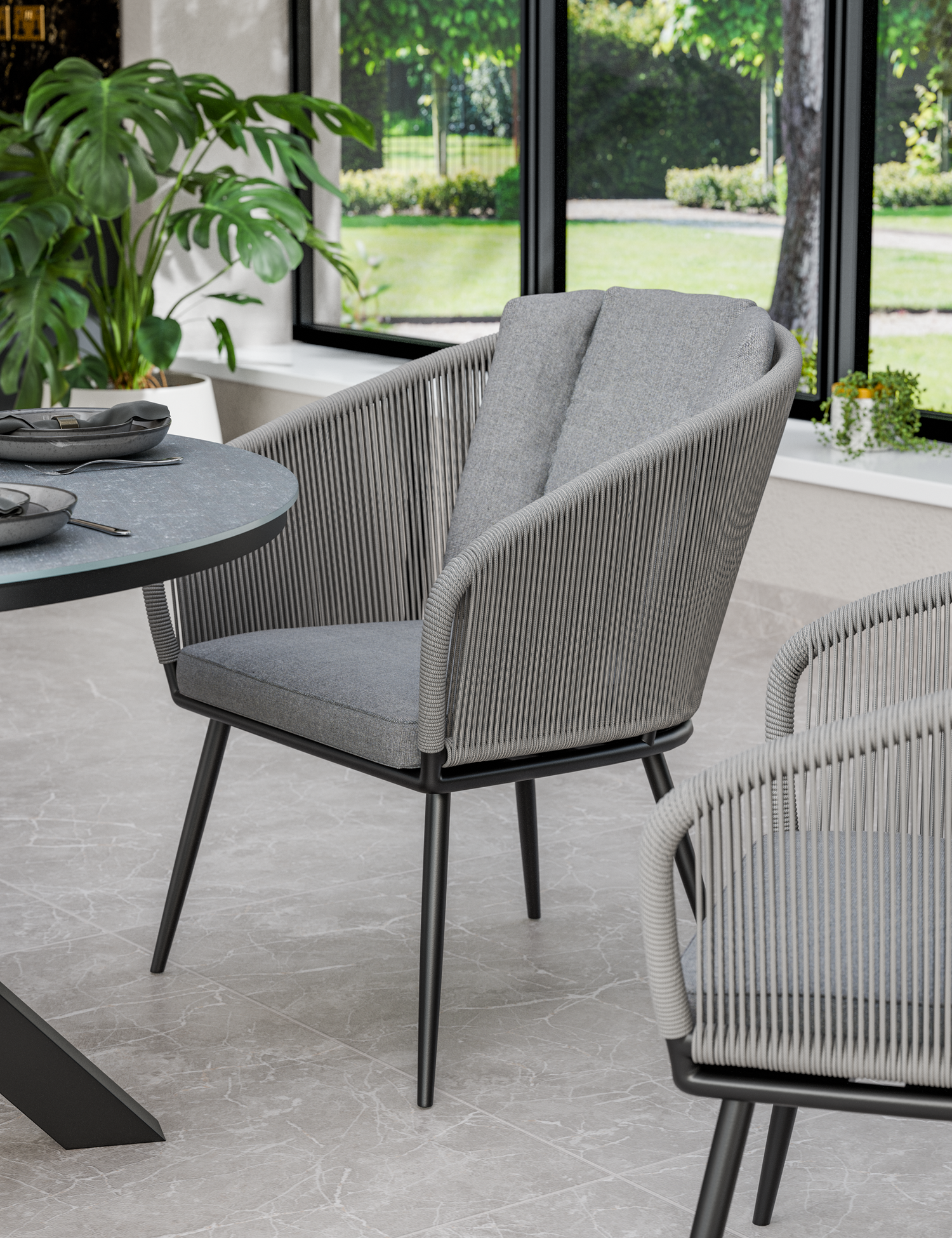 Aspen 4 Seater Round Ceramic Glass Dining Set with Aspen Rope Chairs