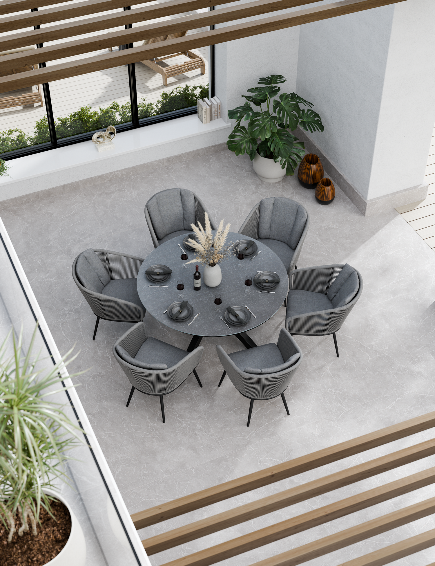Aspen 6 Seater Round Ceramic Glass Dining Set with Aspen Rope Chairs