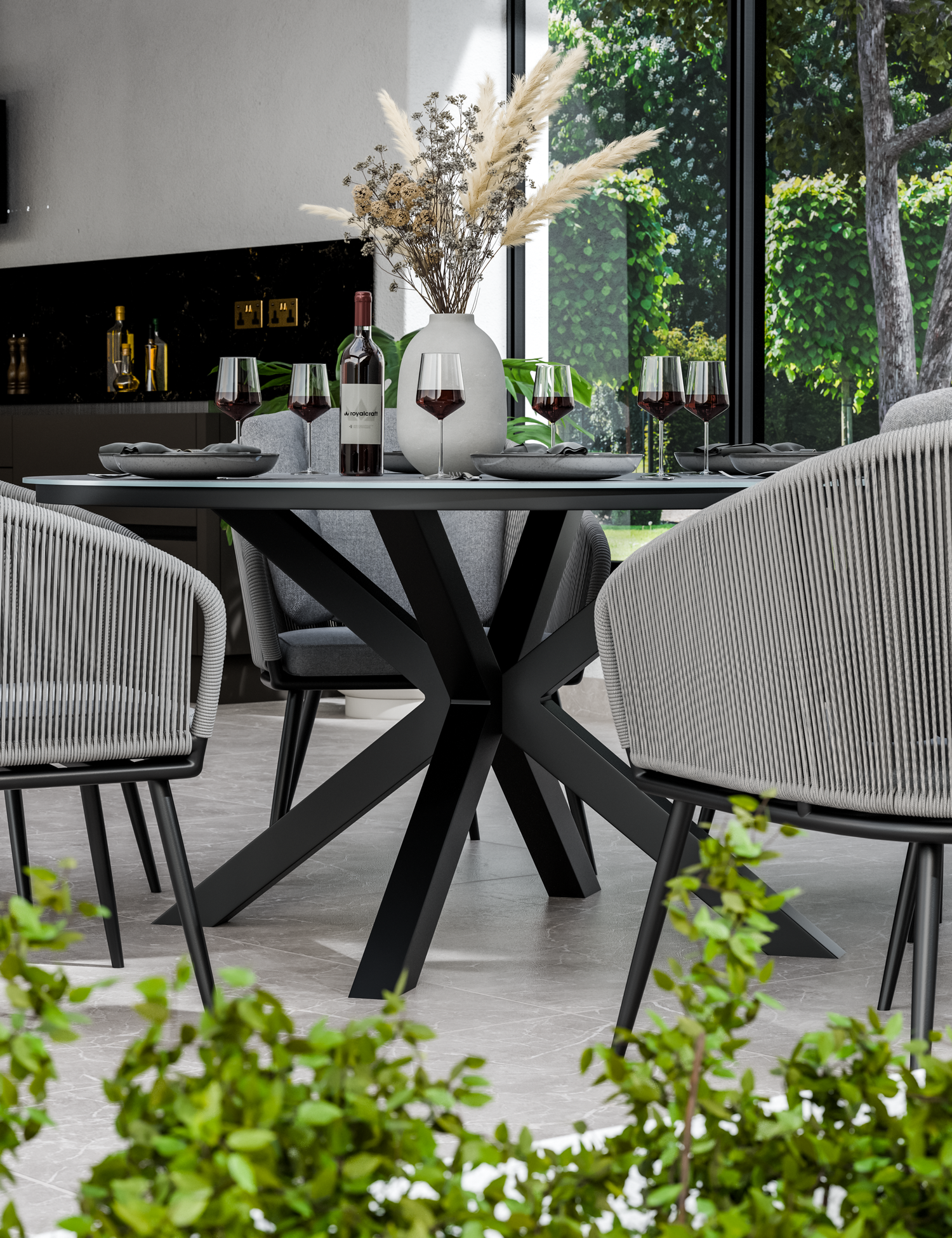 Aspen 6 Seater Round Ceramic Glass Dining Set with Aspen Rope Chairs