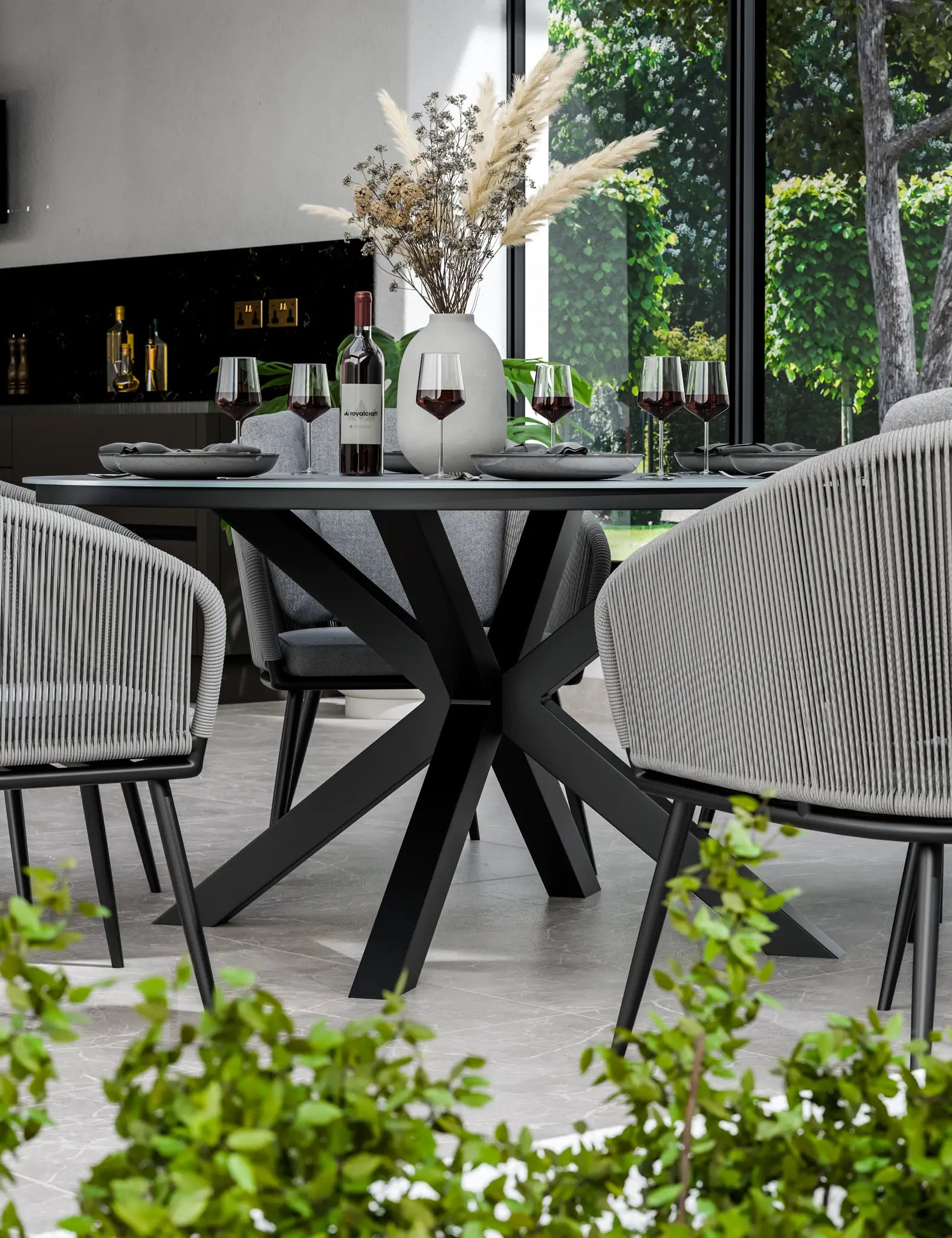 Image of Aspen 6 Seater Round Ceramic Glass Dining Set with Aspen Rope Chairs