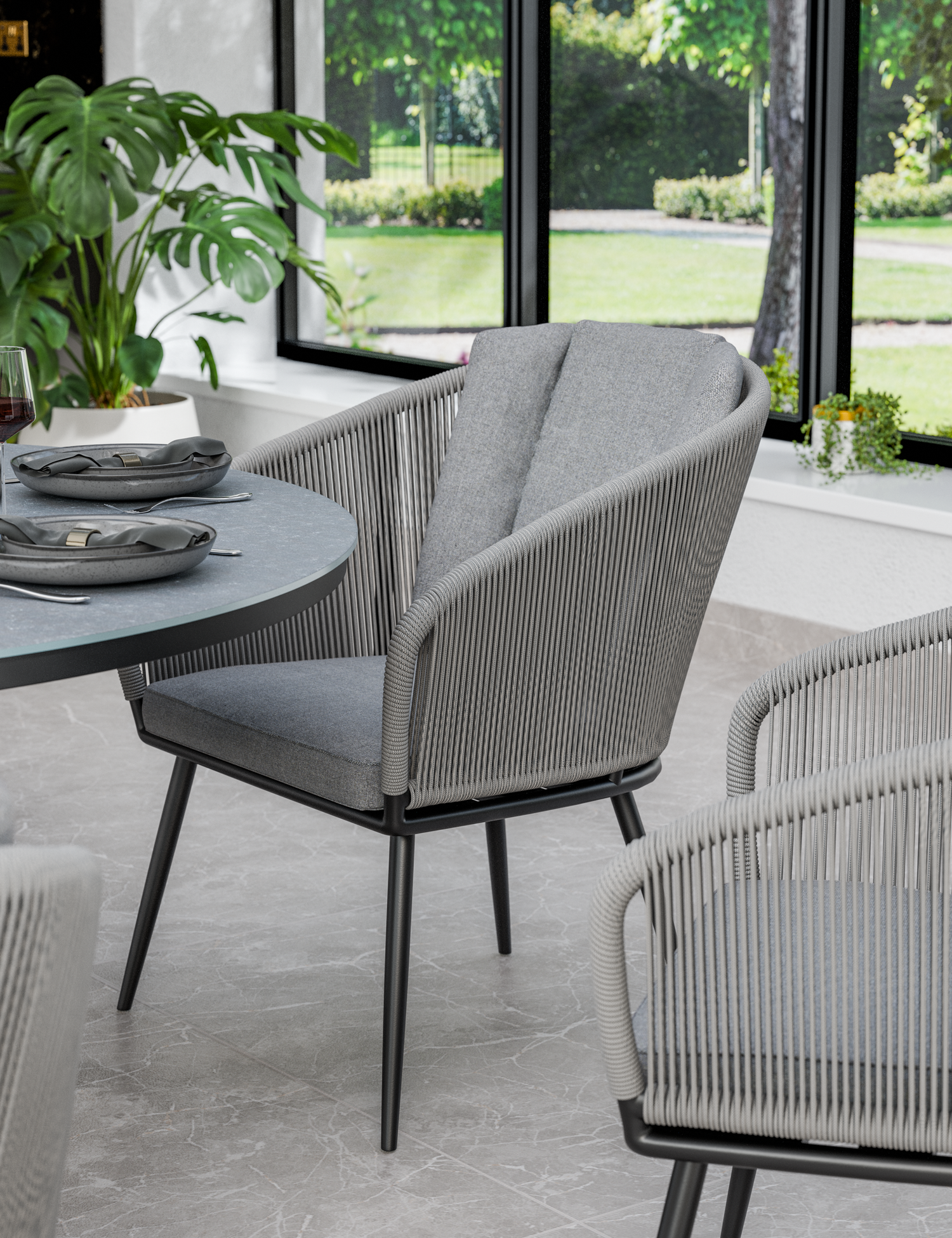 Aspen 6 Seater Round Ceramic Glass Dining Set with Aspen Rope Chairs