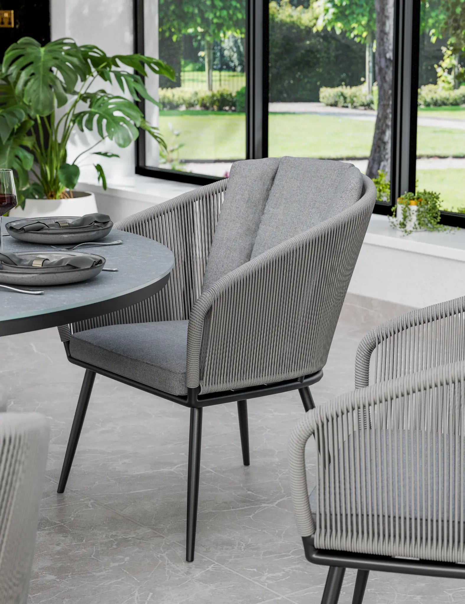 Aspen 6 Seater Round Ceramic Glass Dining Set with Aspen Rope Chairs