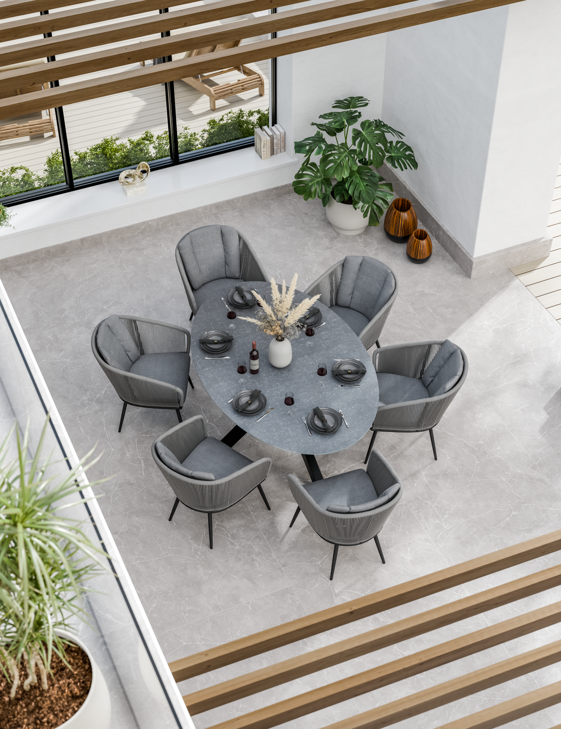 Aspen 6 Seater Ellipse Ceramic Glass Dining Set with Aspen Rope Chairs