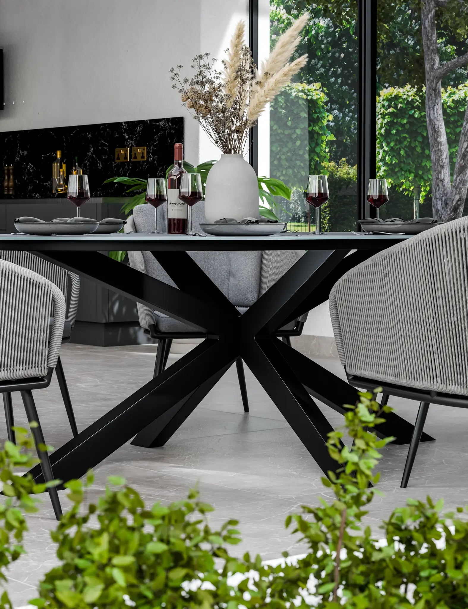 Aspen 6 Seater Ellipse Ceramic Glass Dining Set with Aspen Rope Chairs