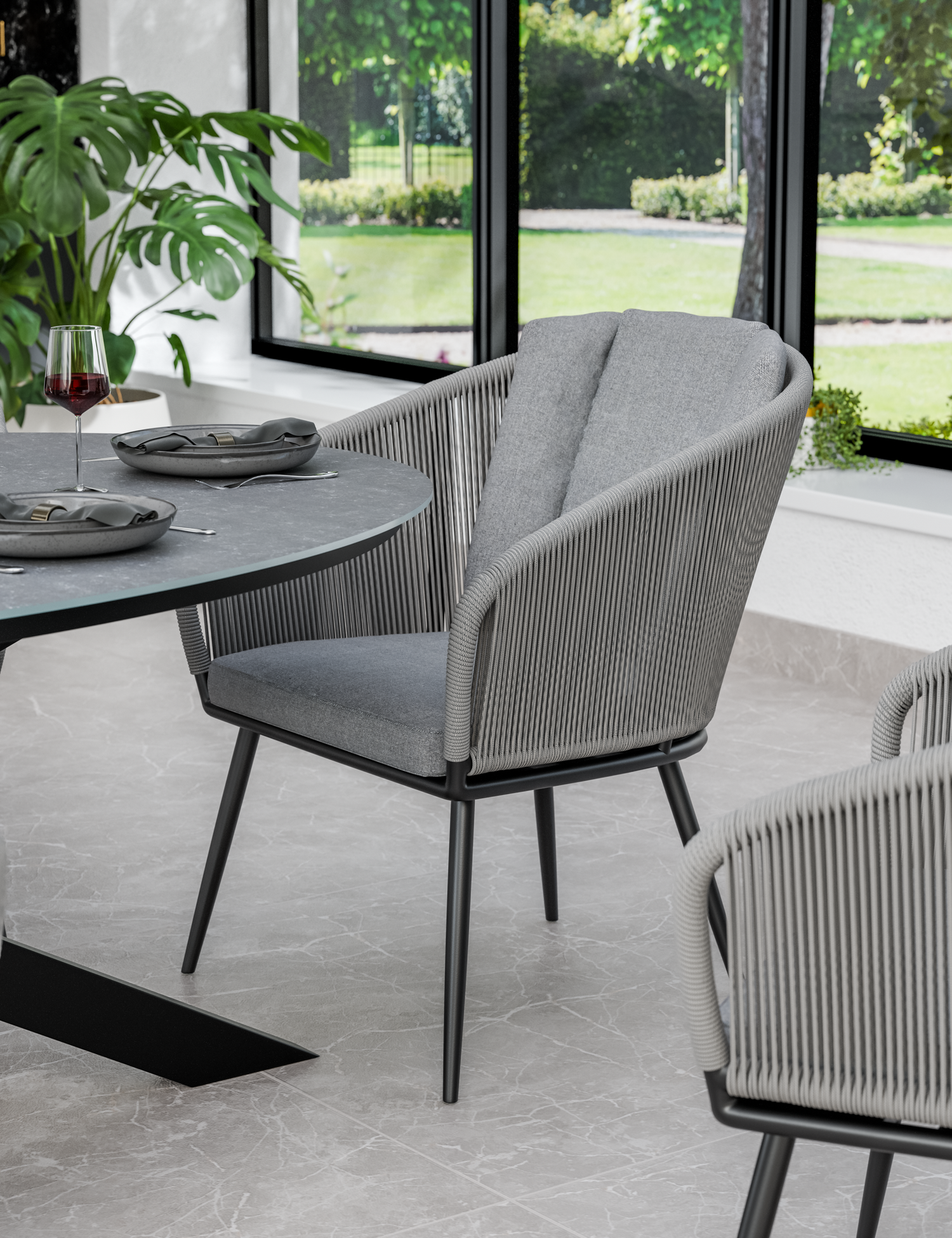 Aspen 6 Seater Ellipse Ceramic Glass Dining Set with Aspen Rope Chairs
