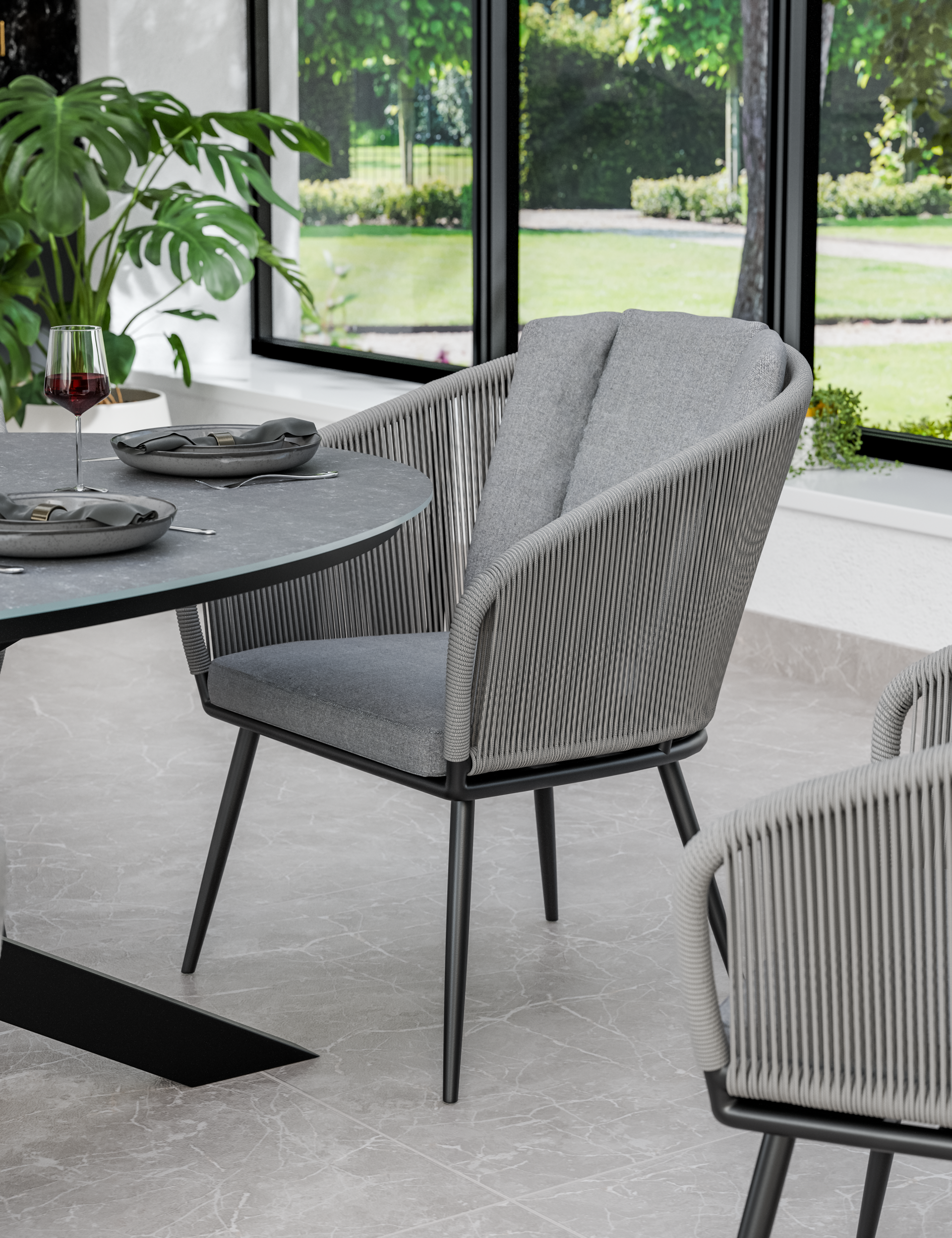 Aspen 6 Seater Ellipse Ceramic Glass Dining Set with Aspen Rope Chairs