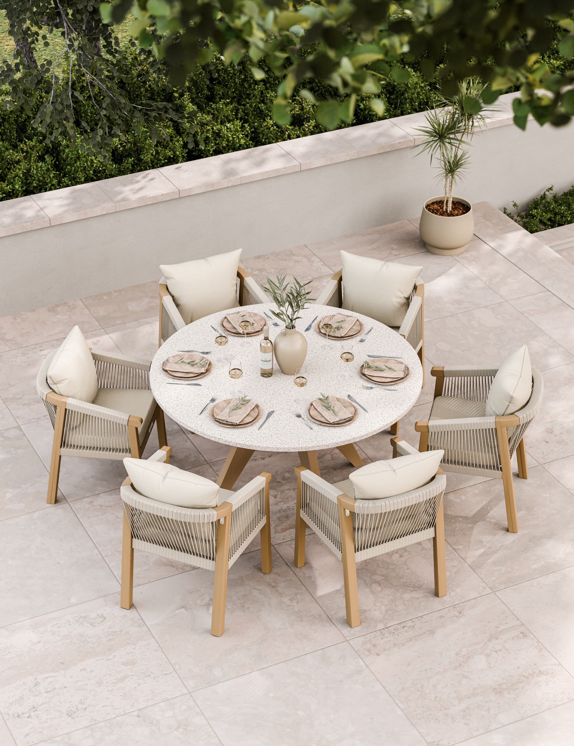 Image of Six-seater patio dining set in neutral tones on stone paving