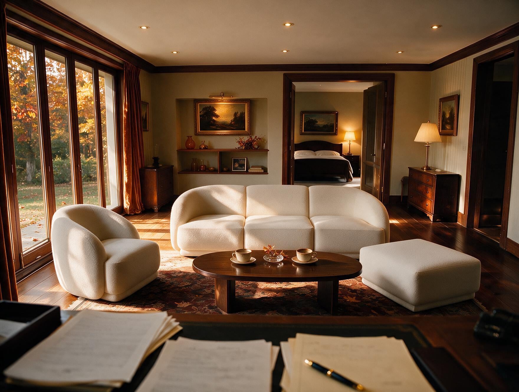 A luxury living room featuring a cream-colored three-seater sofa, a matching armchair, and a white ottoman arranged around a dark wood coffee table on a patterned rug. Large windows on the left showcase an autumn garden view, and a bedroom is visible in the background through an open doorway.