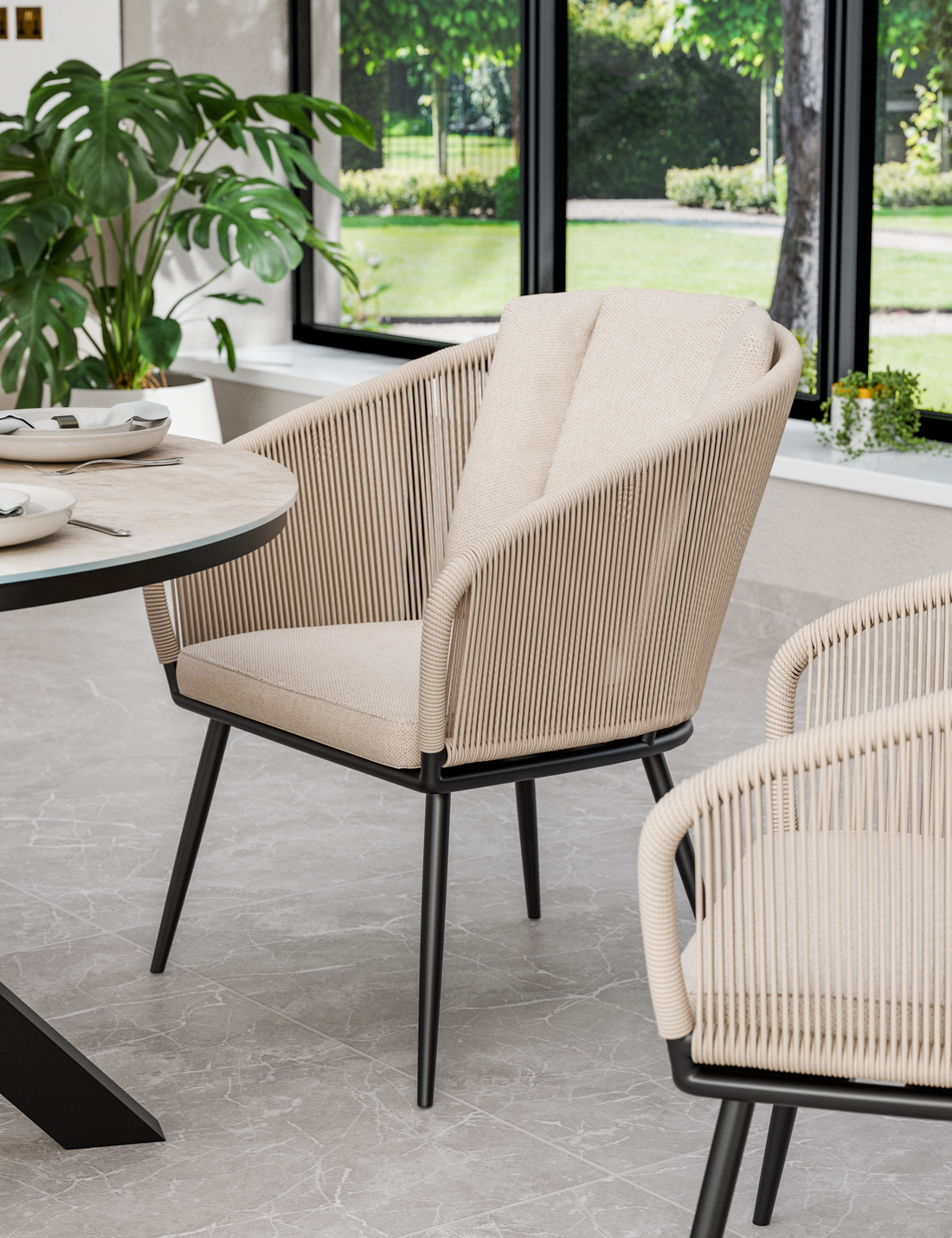 Bali 4 Seater Round Ceramic Glass Dining Set with Bali Rope Chairs