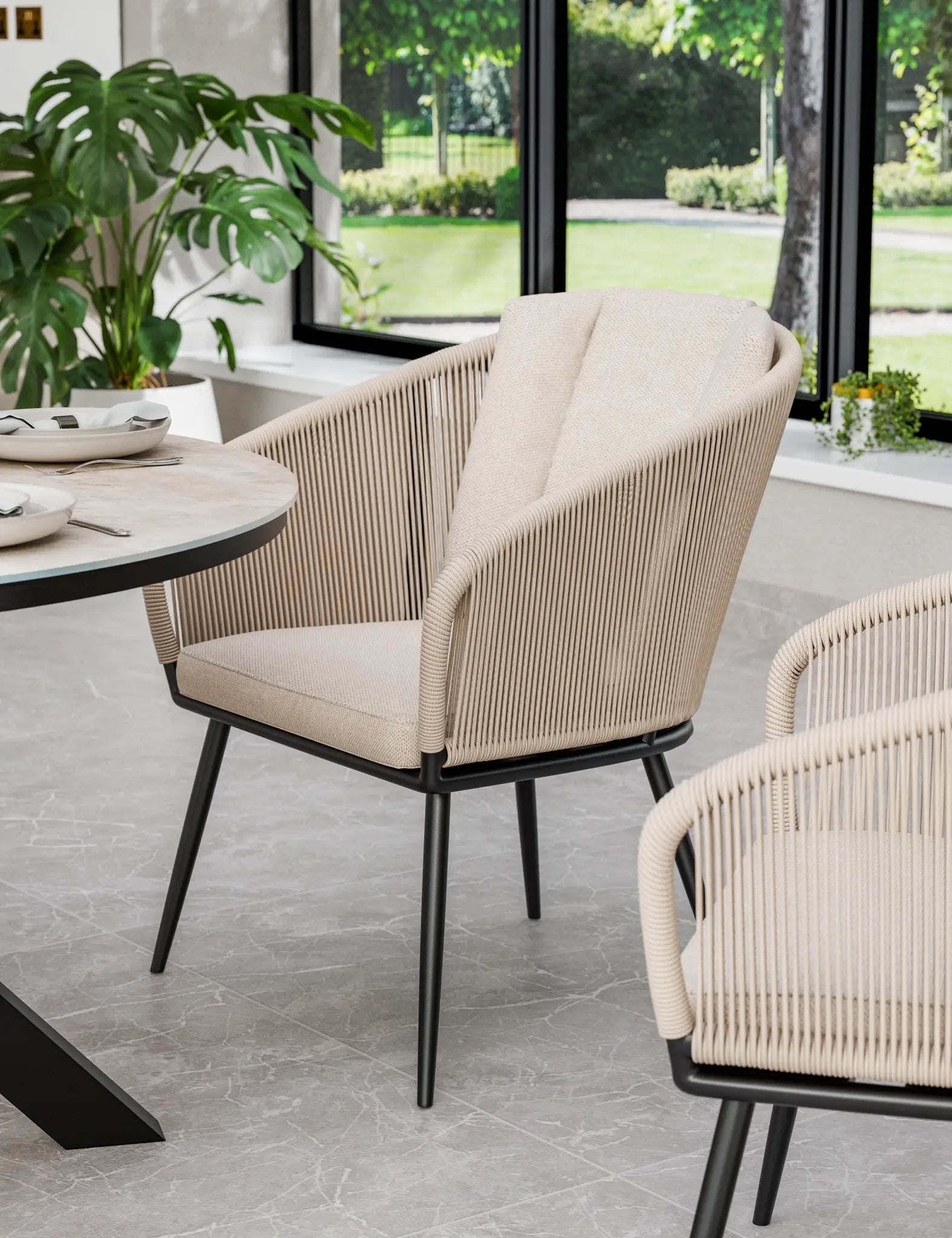 Bali 4 Seater Round Ceramic Glass Dining Set with Bali Rope Chairs