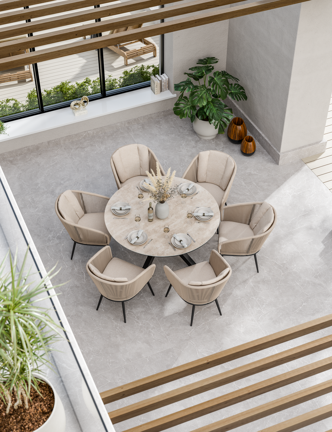 Bali 6 Seater Round Ceramic Glass Dining Set with Bali Rope Chairs