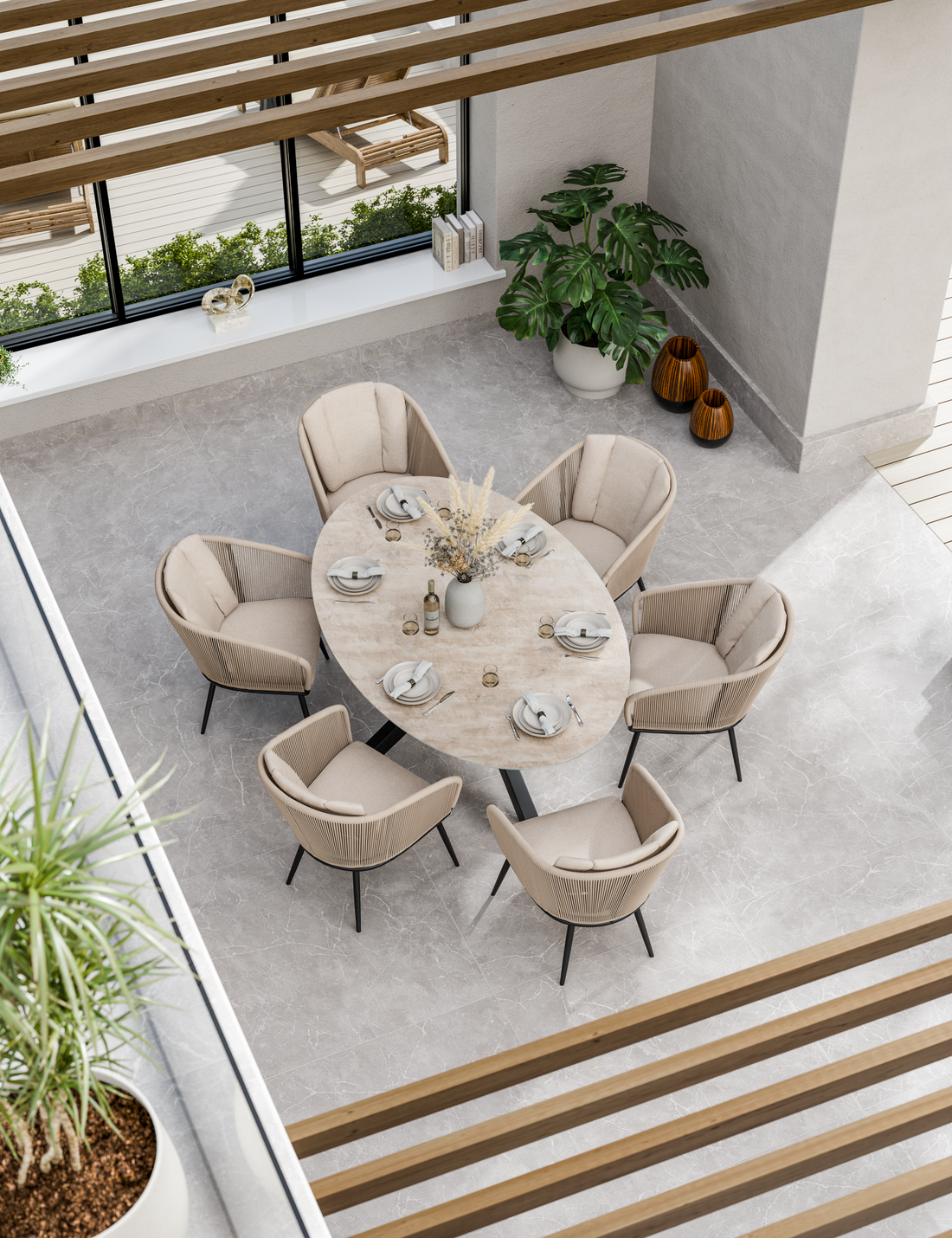 Bali 6 Seater Ellipse Ceramic Glass Dining Set with Bali Rope Chairs