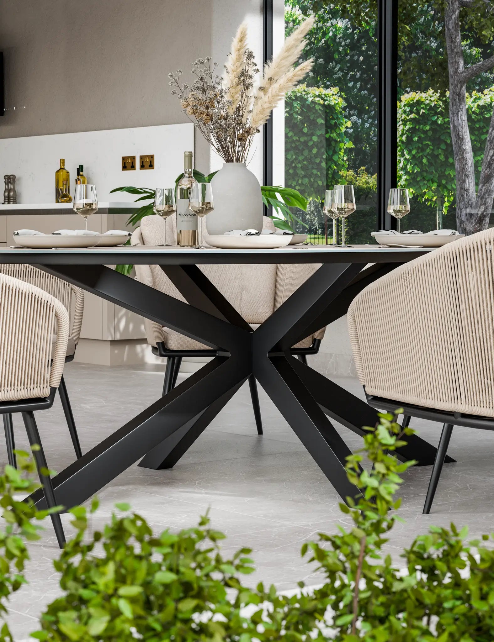 Bali 6 Seater Ellipse Ceramic Glass Dining Set with Bali Rope Chairs