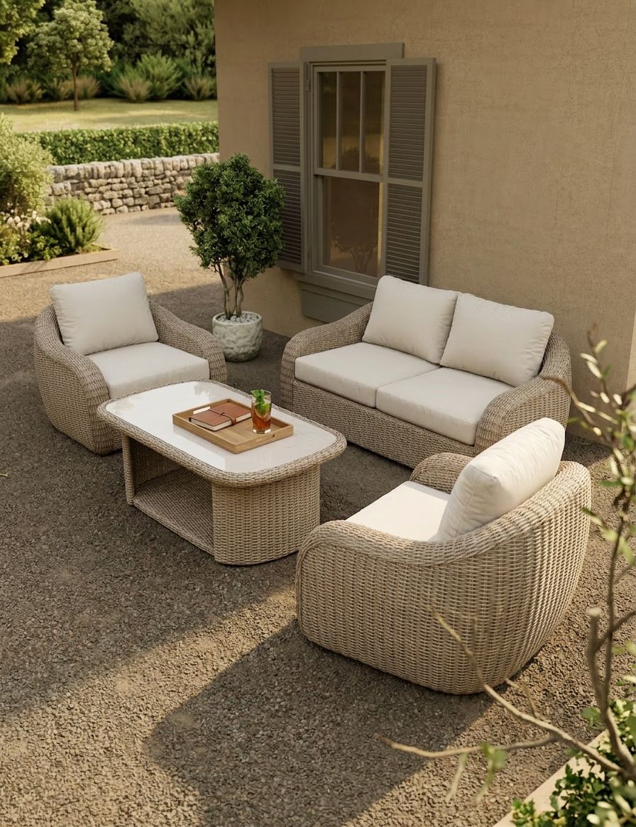 Image of Outdoor patio set with wicker chairs and table on a stone patio.