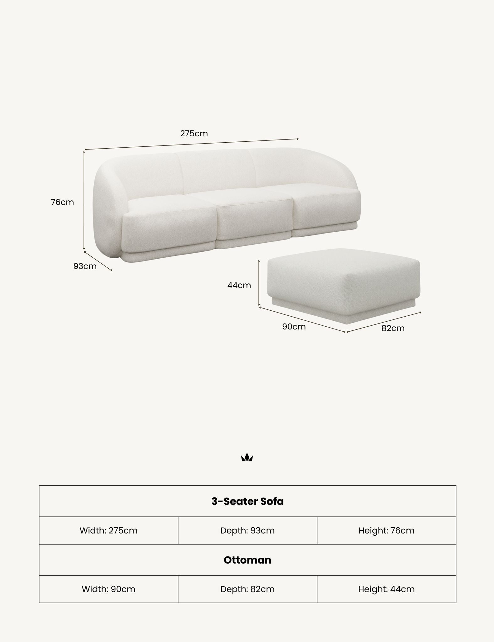 Image of White sofa and ottoman with dimensions on a white background