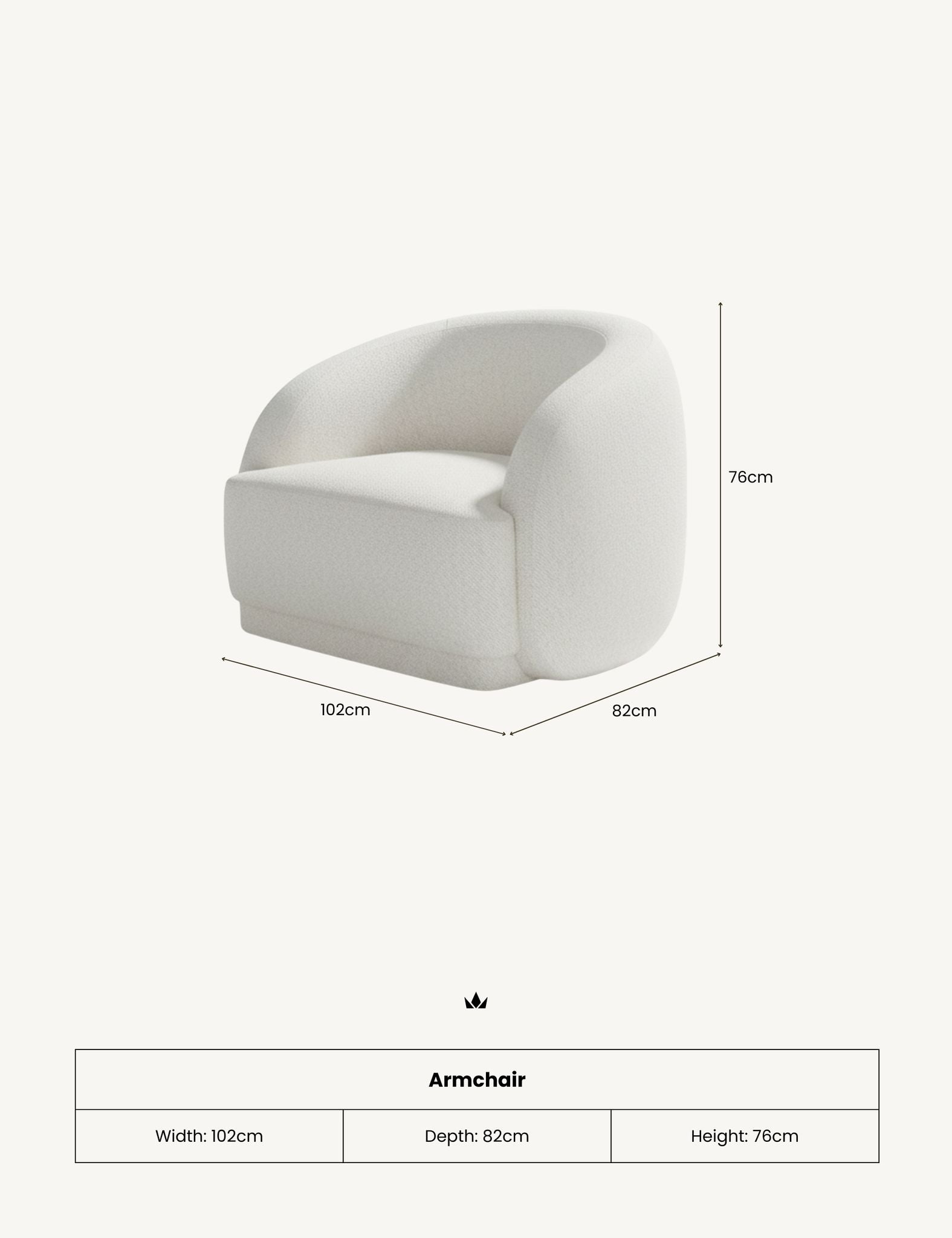 Image of White armchair with dimensions on a white background
