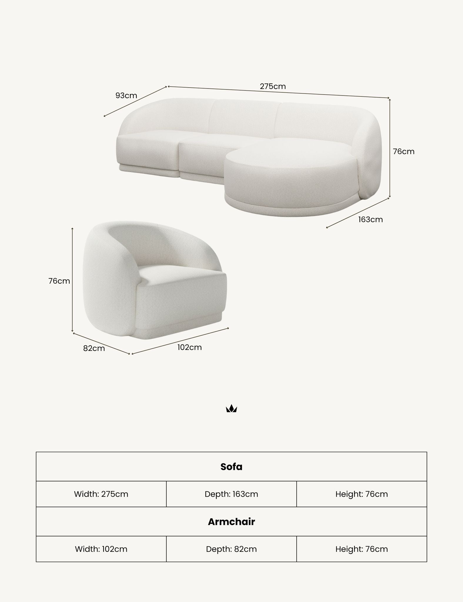 Image of Dimensions of a white sofa and armchair on a light gray background