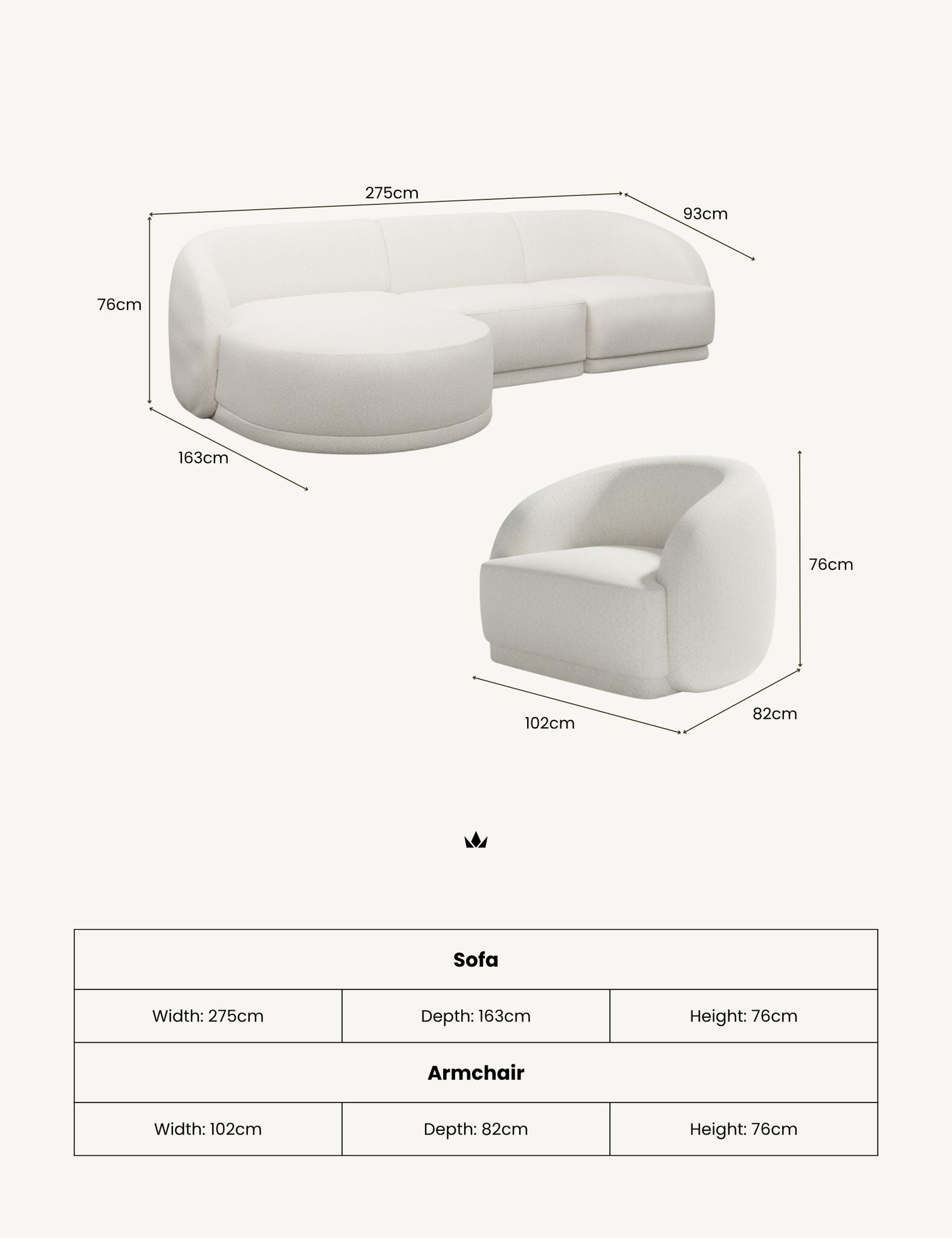 Image of White sectional sofa and matching armchair shown with dimension lines and a size table on a light beige background.