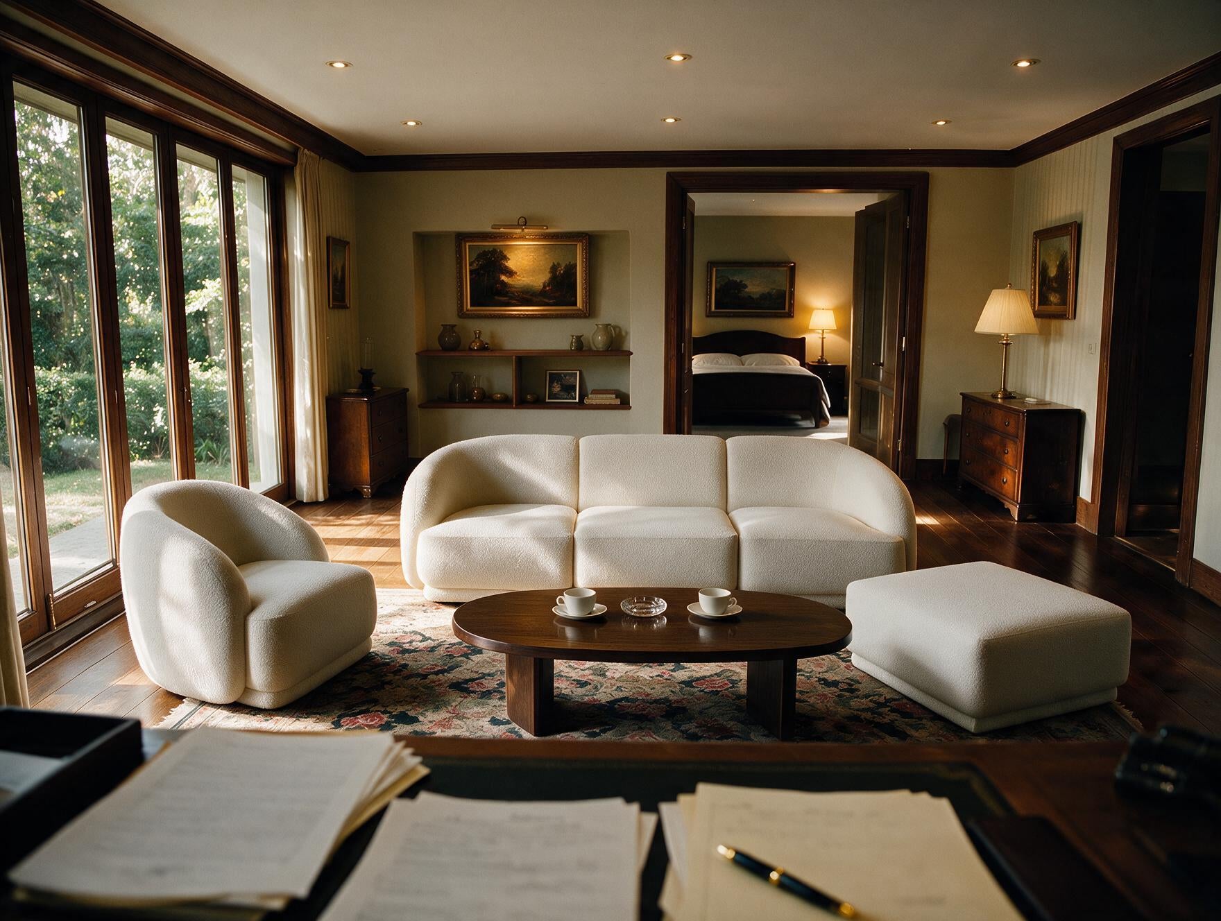 Image of A luxury living room featuring a white curved sofa, a matching white armchair, a white ottoman, and a dark wood coffee table on a patterned rug. Large windows on the left offer a view of green trees, and a bedroom is visible in the background through an open doorway.