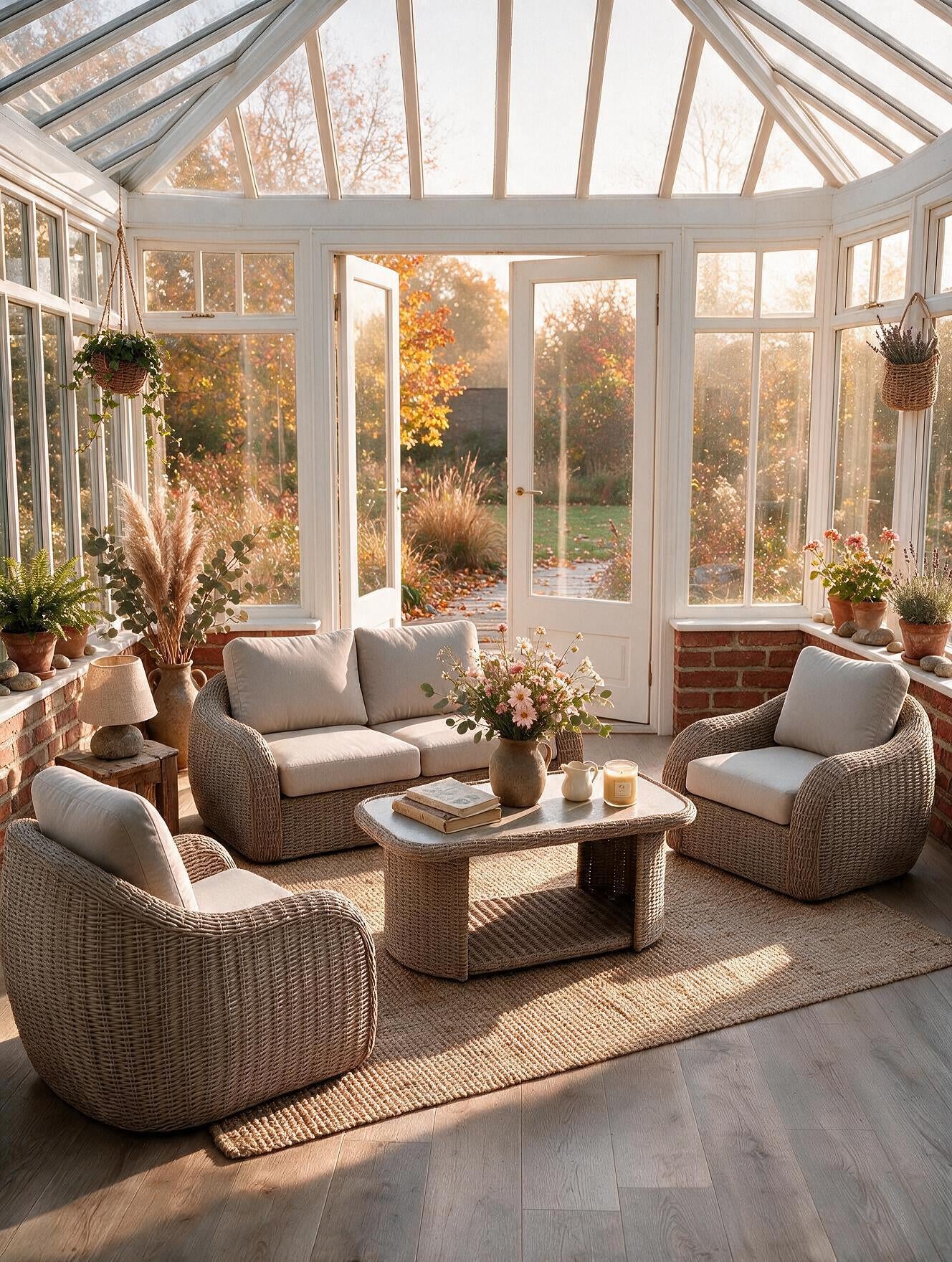 Image of A styled outdoor lounge set arranged inside a bright glass conservatory. The set includes two woven armchairs with light beige cushions, a matching low rectangular coffee table, and a large natural-fiber area rug.