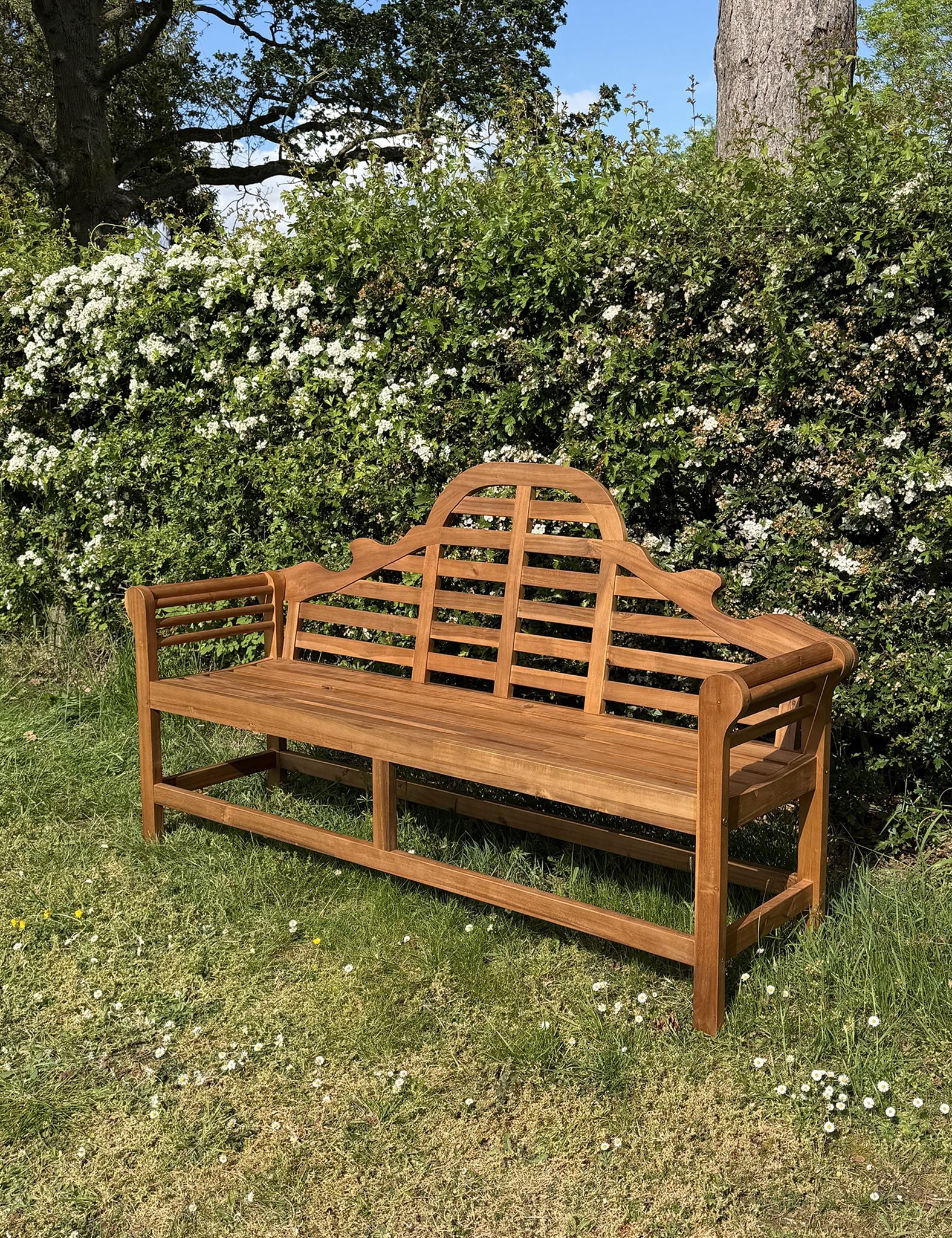 Image of Wooden garden bench in a garden setting with greenery and flowers.