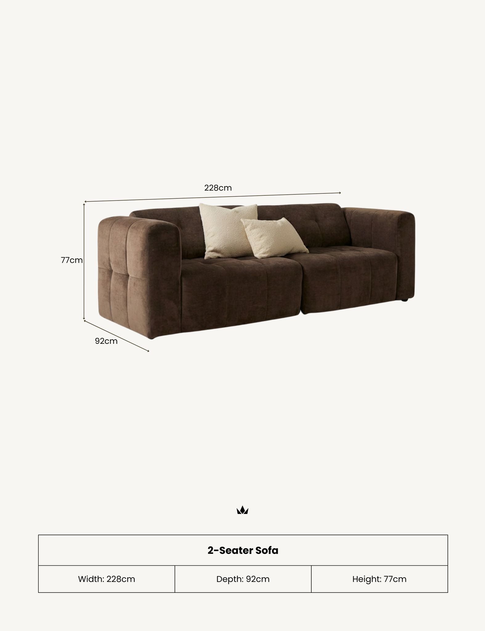 Image of Brown sofa with dimensions on a white background