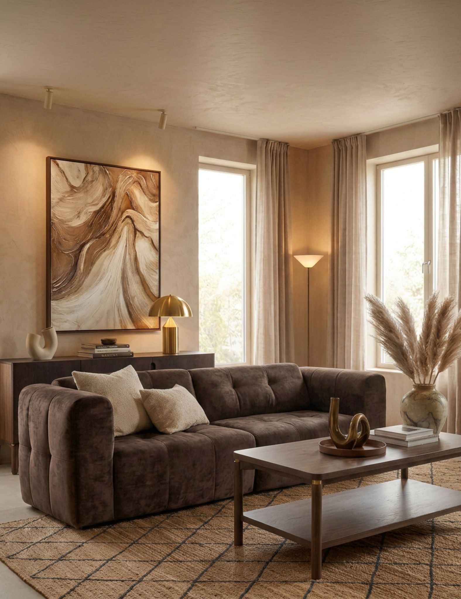Image of A modern living room featuring a dark brown tufted velvet sectional sofa with cream throw pillows, set in a warm, neutral-toned room with a wooden coffee table, patterned rug, and a large abstract painting on the wall.