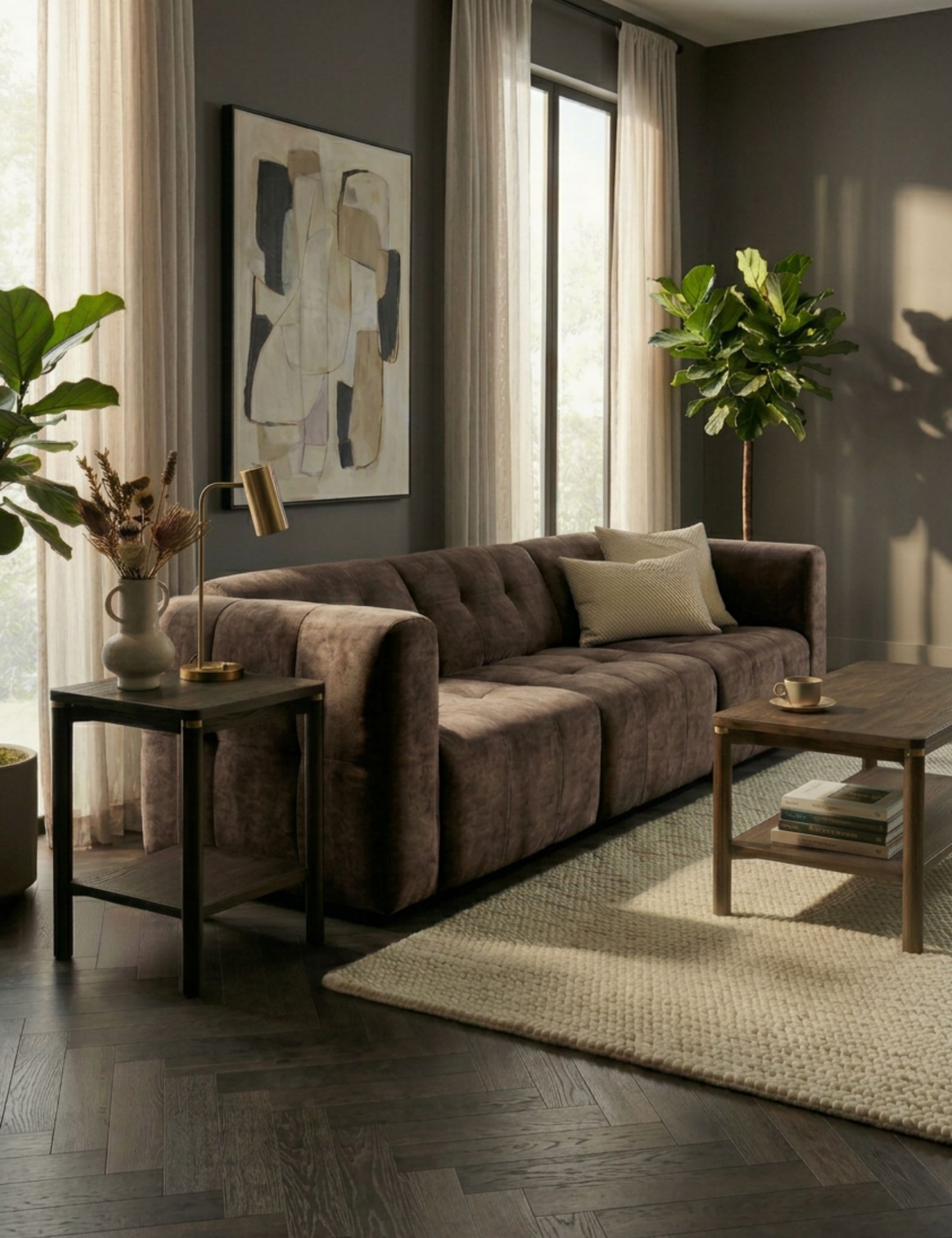 Image of Modern living room with a brown sofa, side tables, and abstract art on a gray wall.