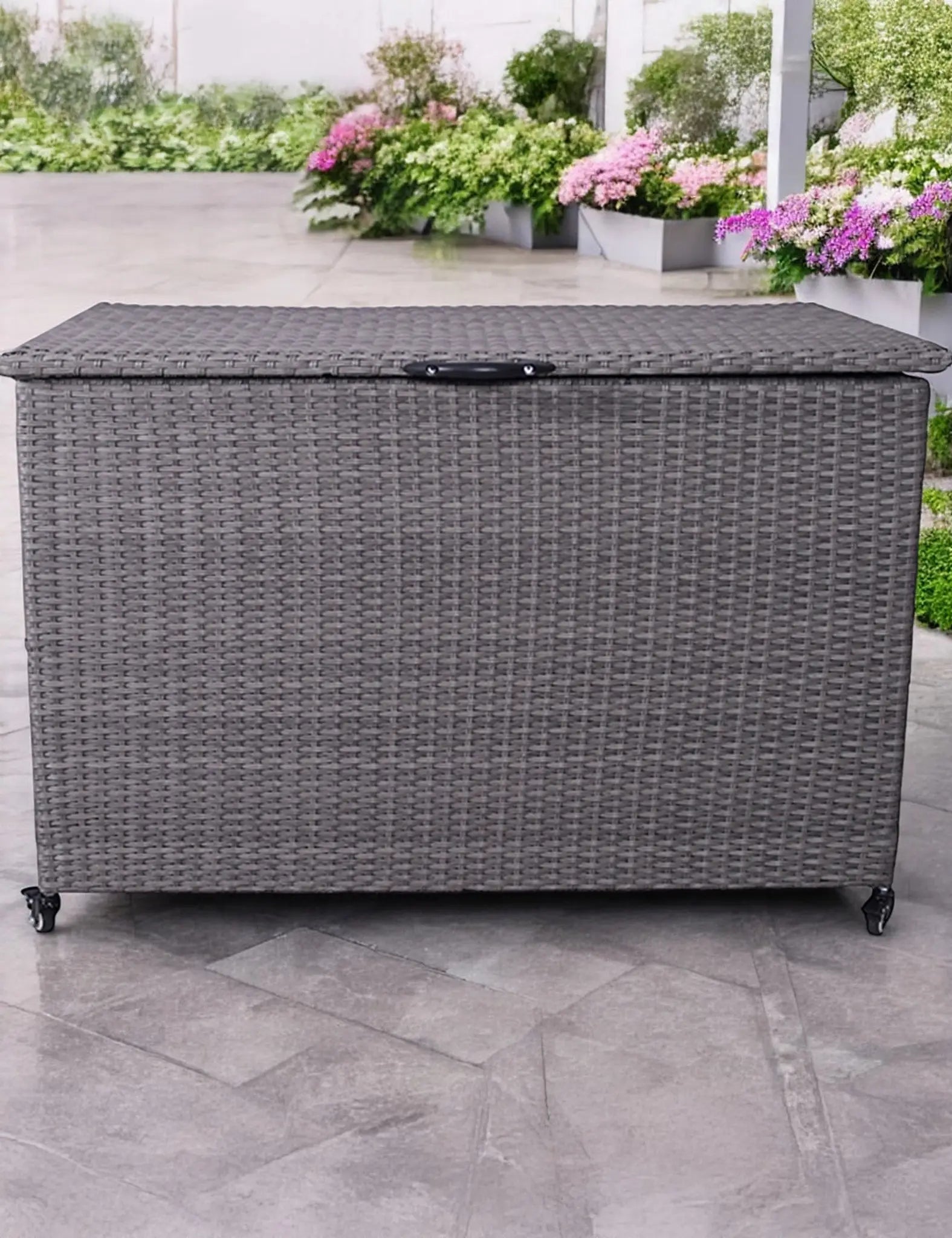 Image of Rattan garden storage box with lid in light grey weather-resistant wicker