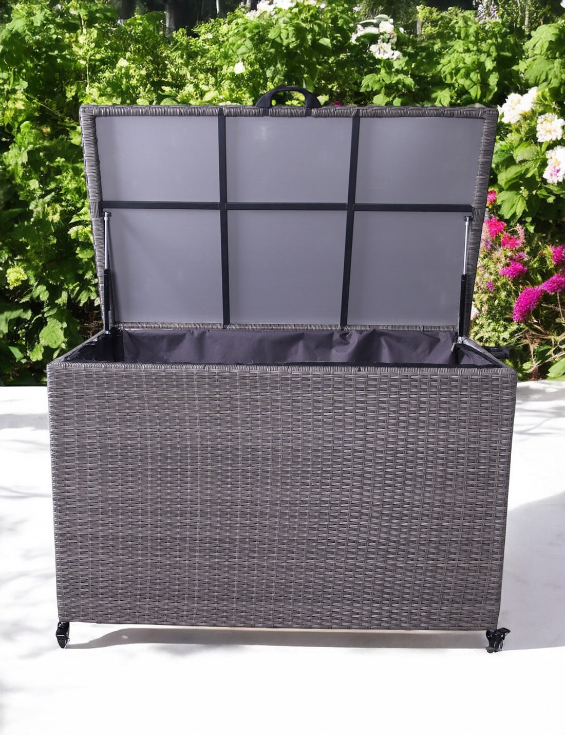 Large light grey rattan garden storage box