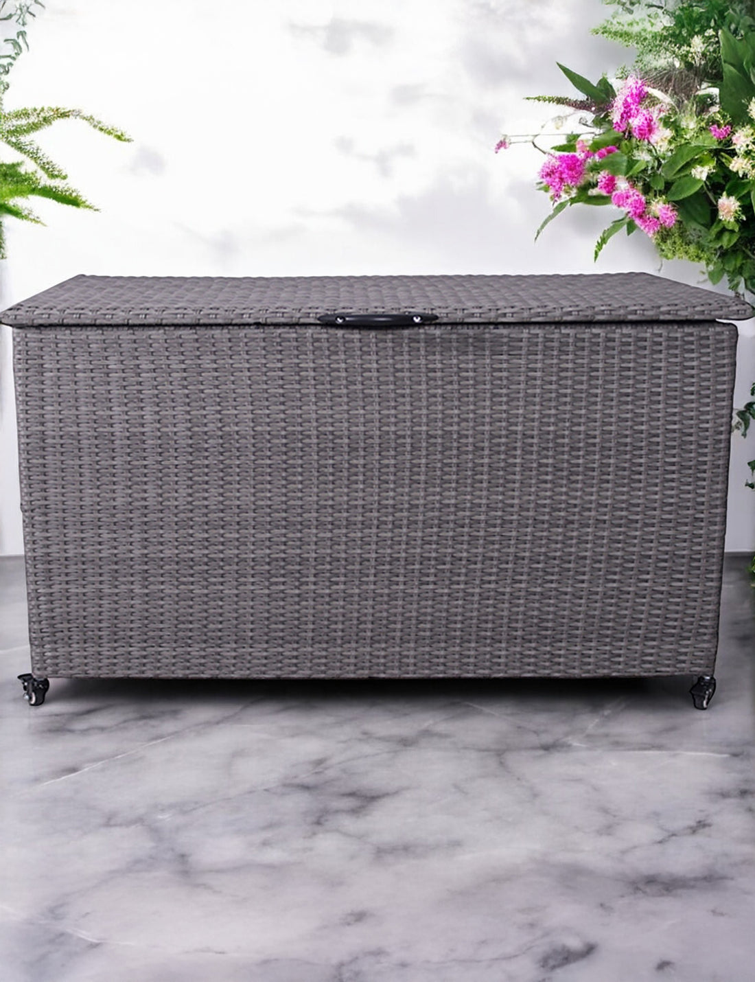 Large light grey rattan garden storage box with lid