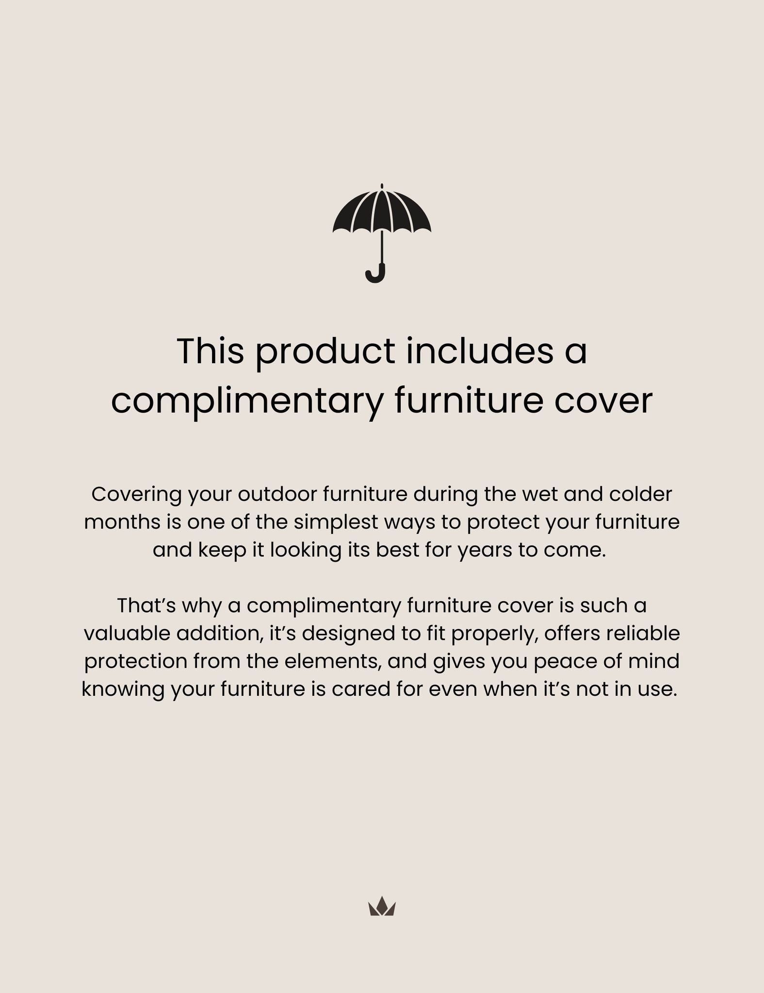 Image of Product description card with an umbrella icon and text about a complimentary furniture cover on a light gray background.