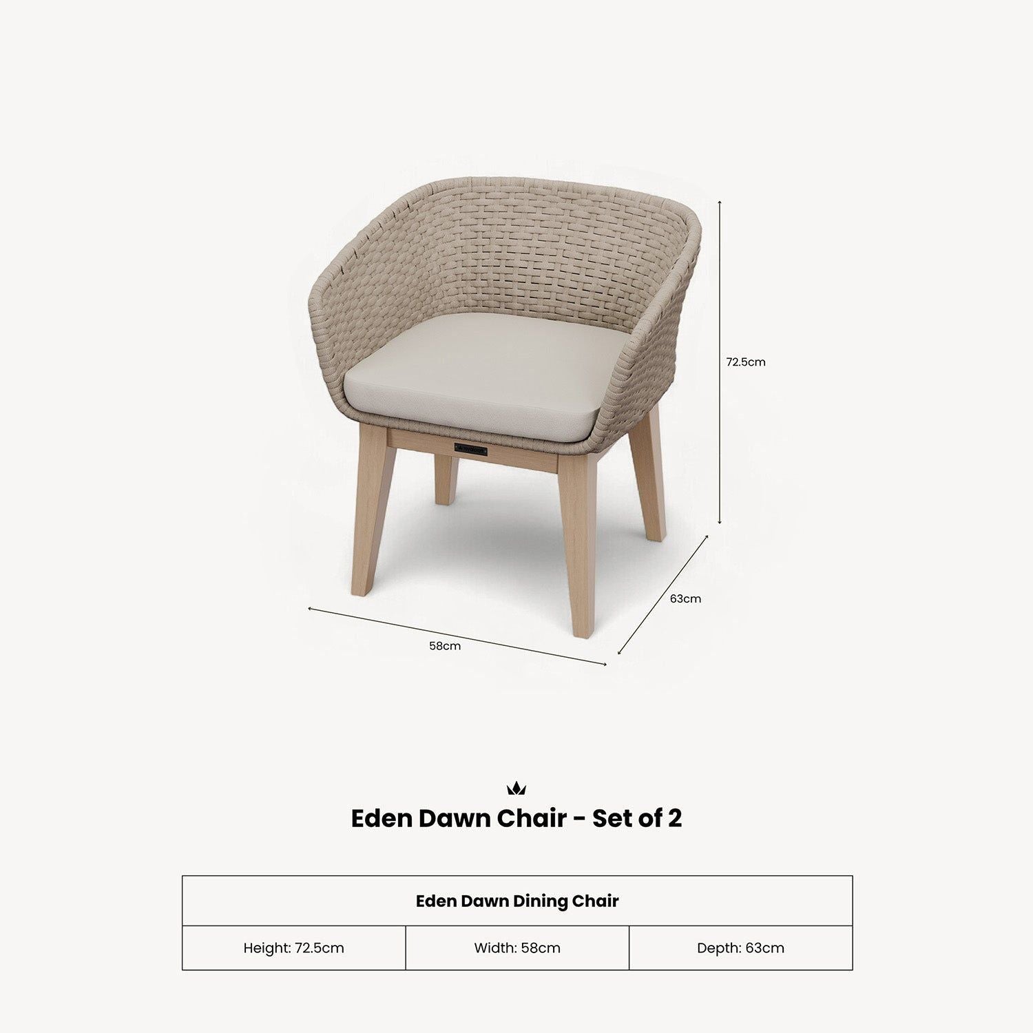 Image of Eden Dawn chair with dimensions on a white background