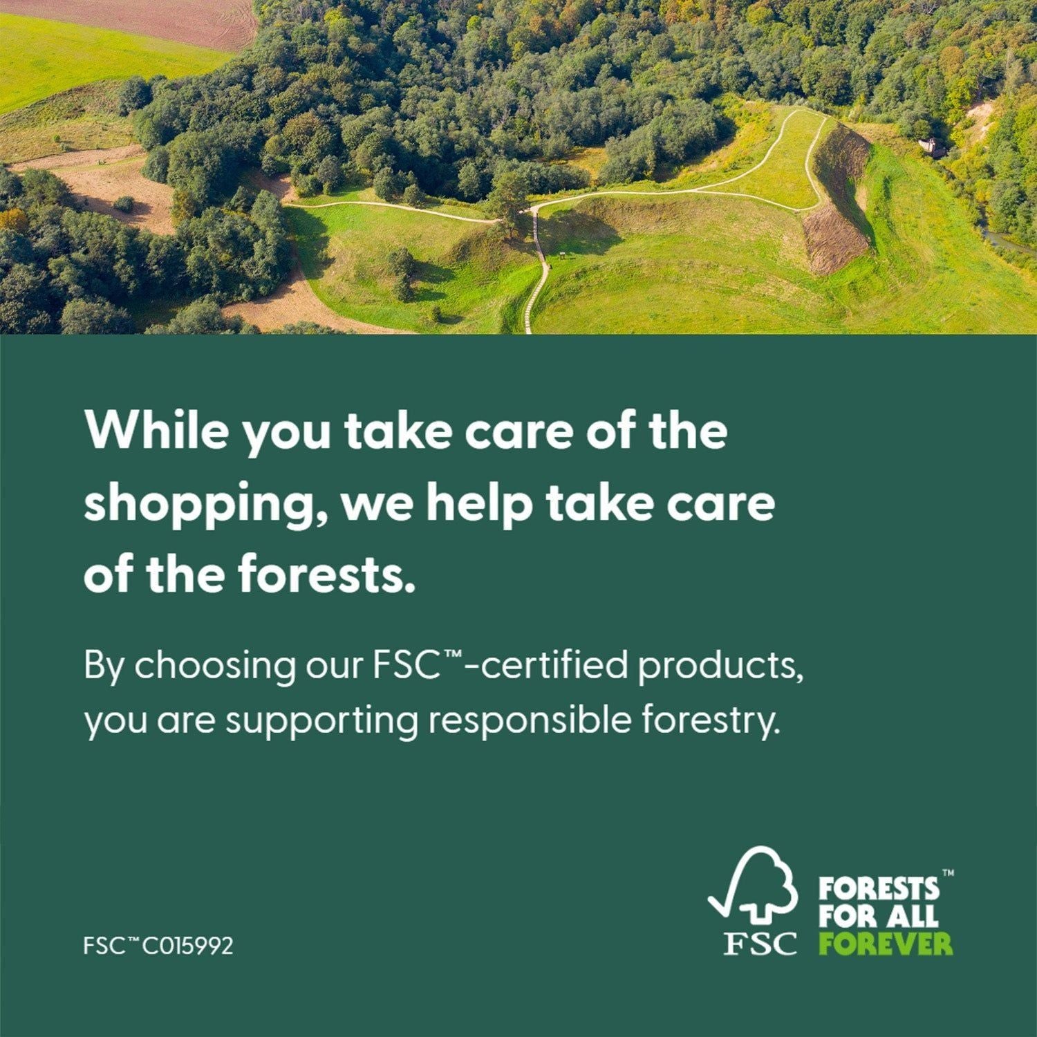 Image of Aerial view of a forest with a green banner displaying FSC certification message.