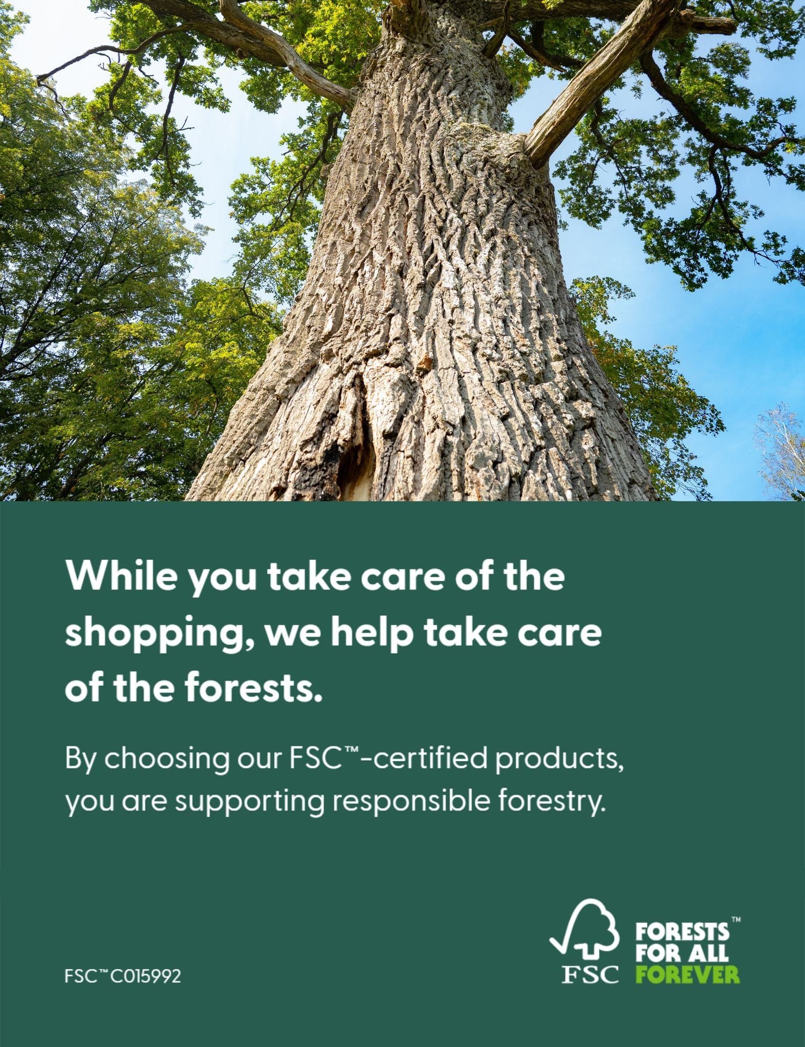 Image of Large tree with a green banner featuring FSC certification text and logo.