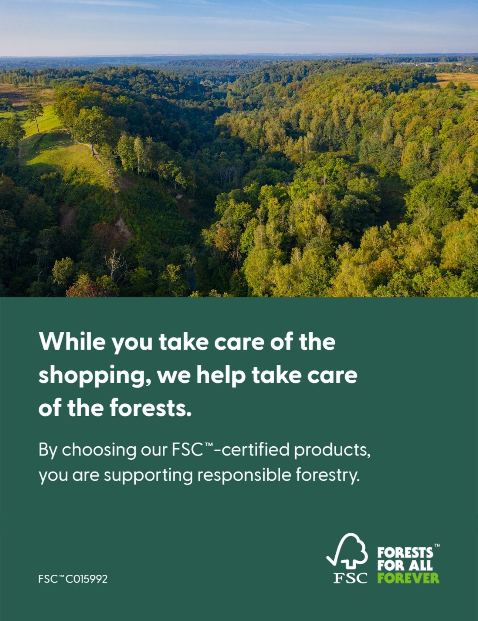 Image of Aerial view of a forest with a green banner displaying FSC certification text.