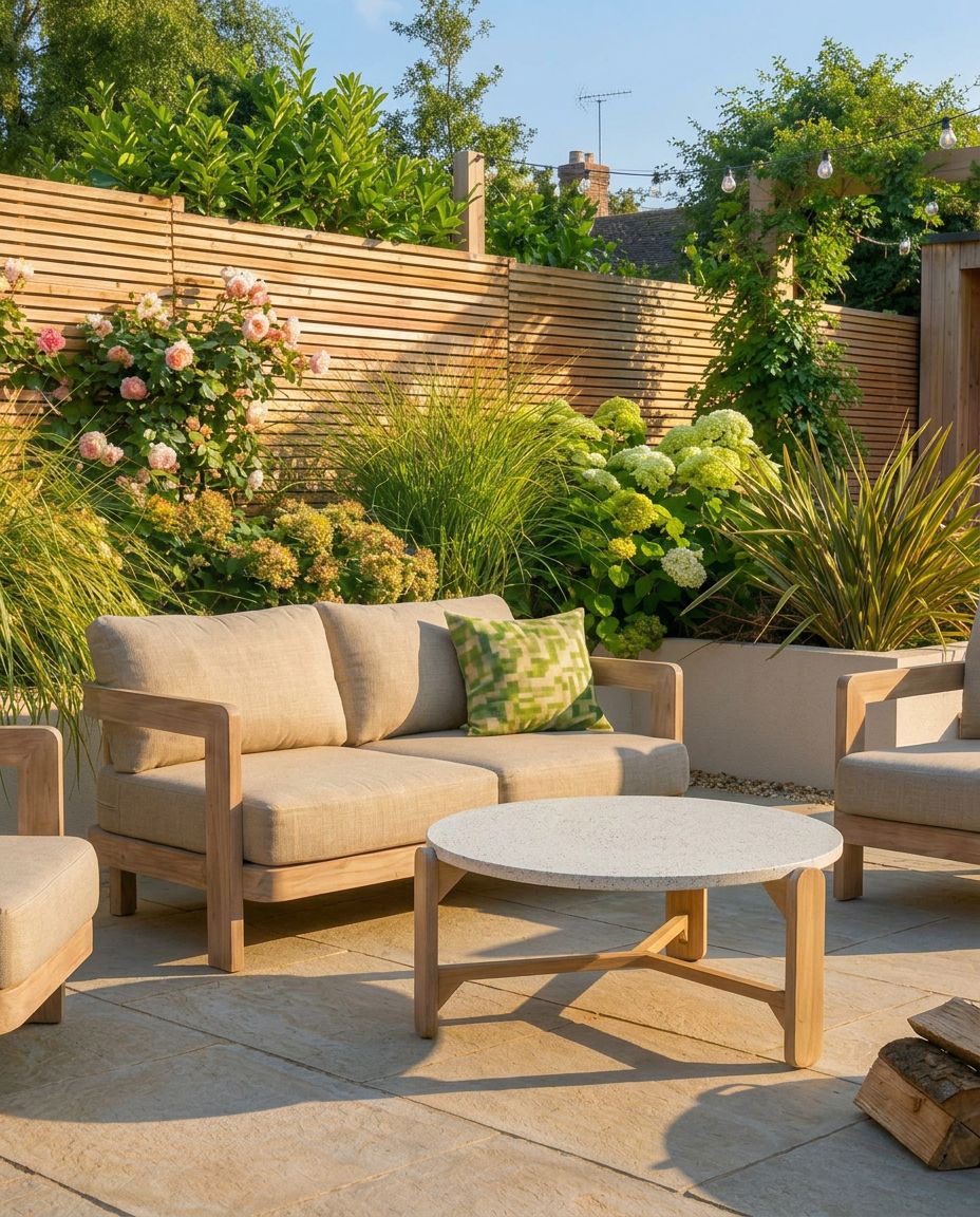 Image of Outdoor patio with beige sofa, coffee table, and chairs surrounded by greenery.