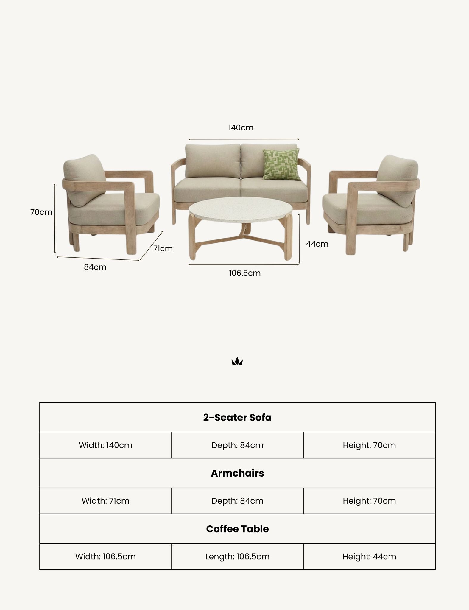 Image of Outdoor furniture set with dimensions labeled on a white background