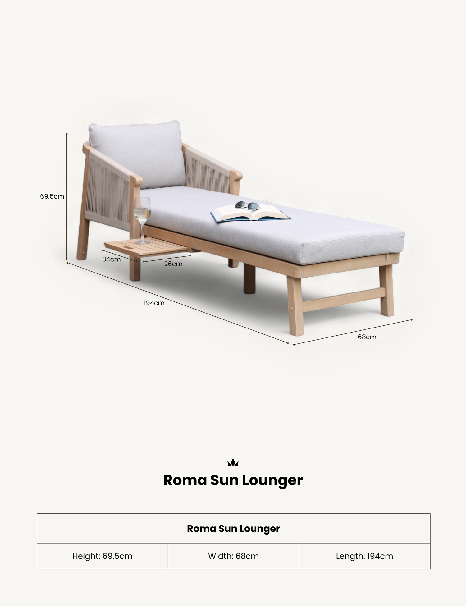 Roma Rope Sun Lounger with Pull-out Side Table