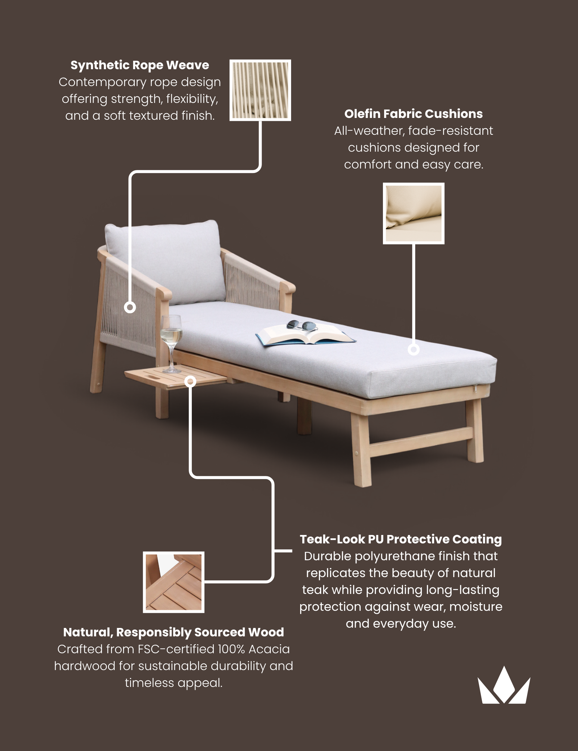 Roma Rope Sun Lounger with Pull-out Side Table