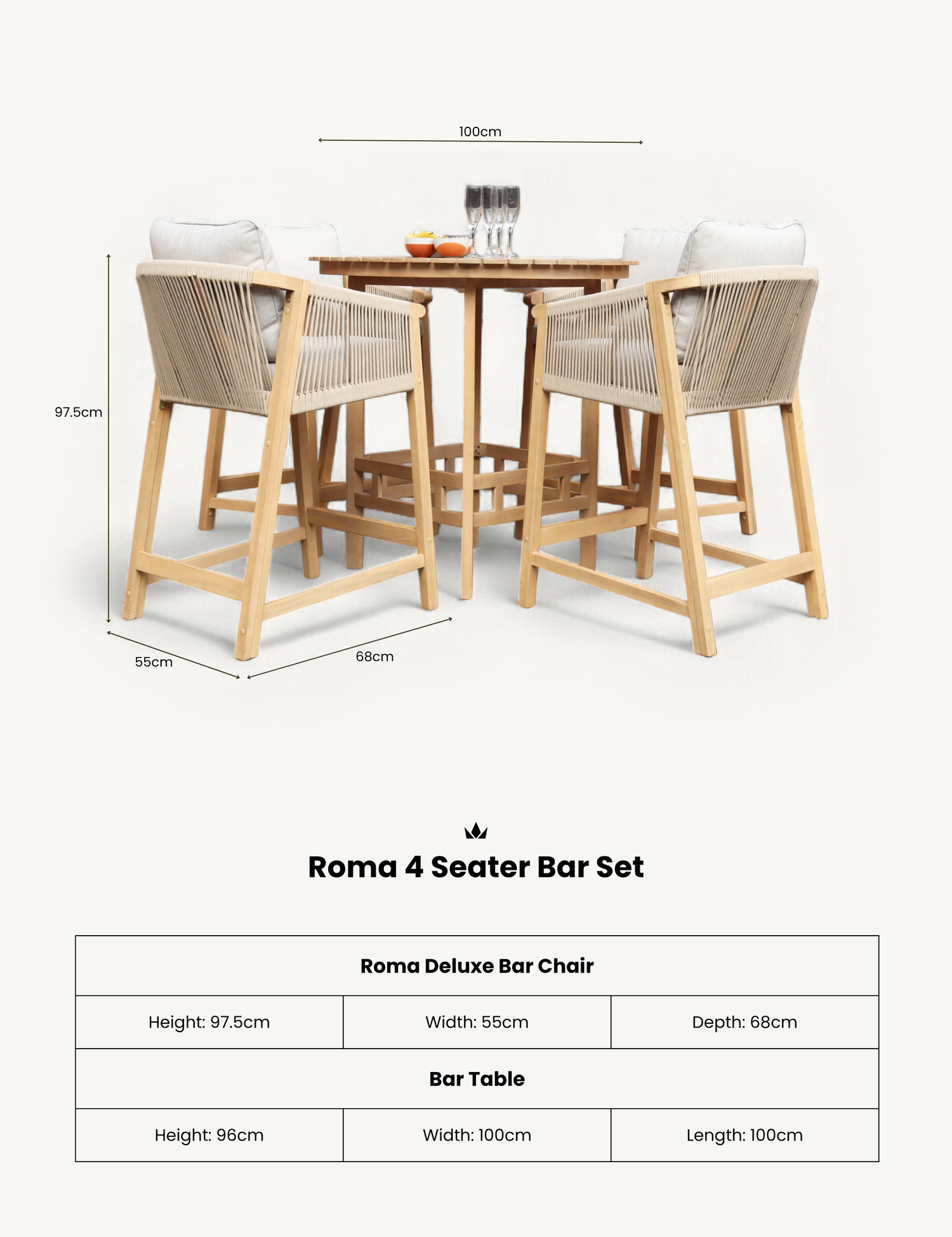 Roma 100cm Round Sunray High Bar Table with 4 Roma Deluxe Bar Stools