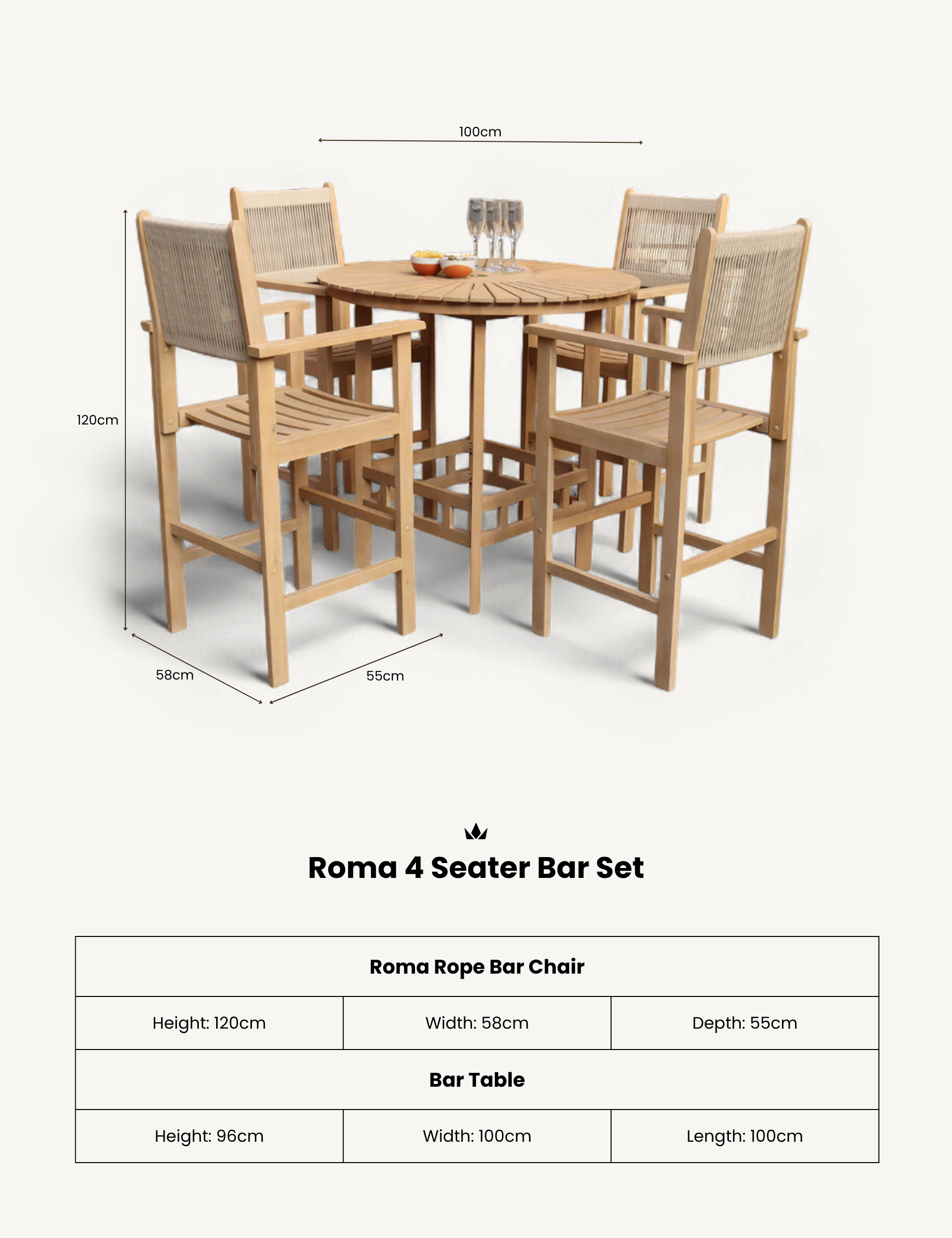 Roma 100cm Round Sunray High Bar Table with 4 Roma Rope Bar Stools