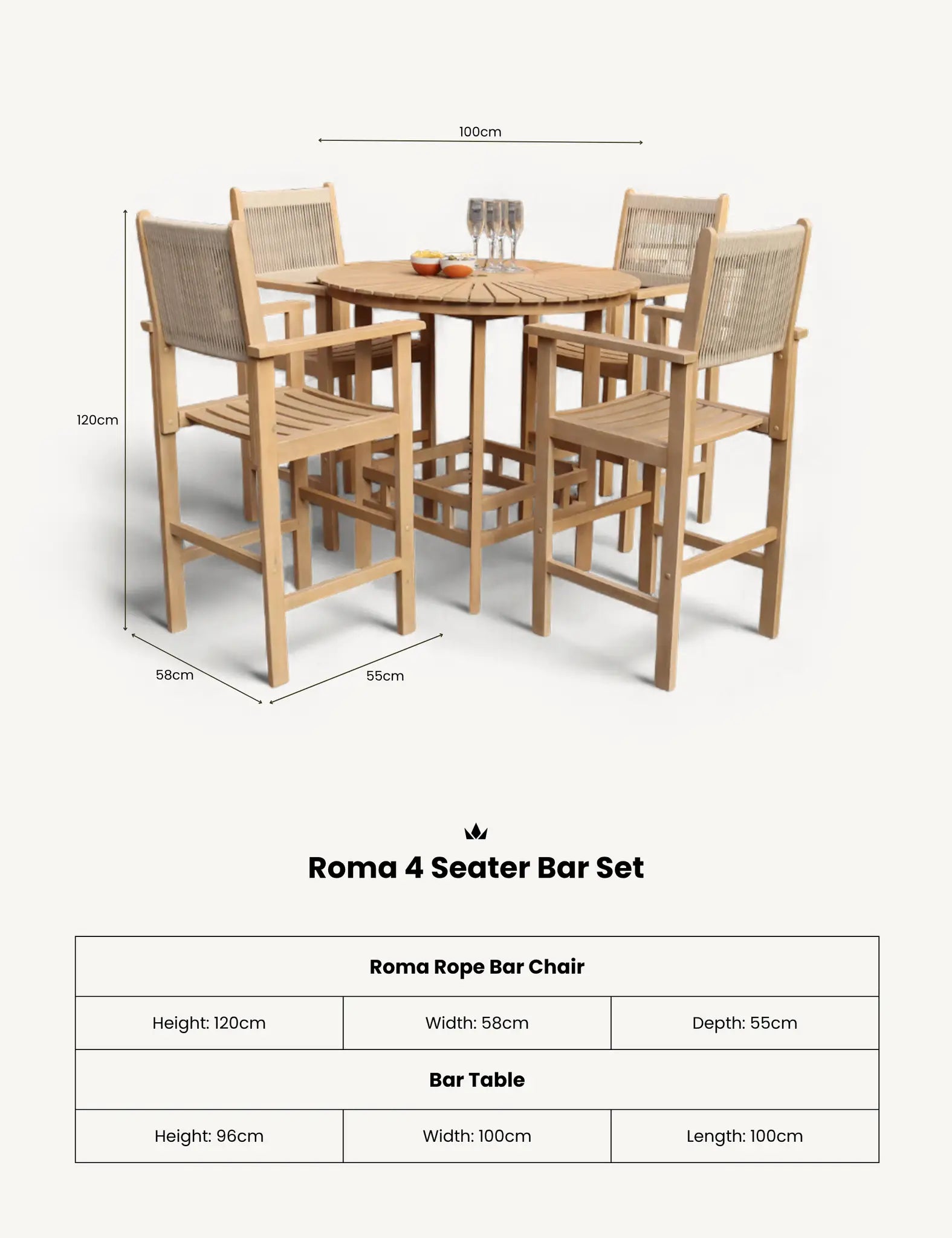 Image of Roma 100cm Round Sunray High Bar Table with 4 Roma Rope Bar Stools