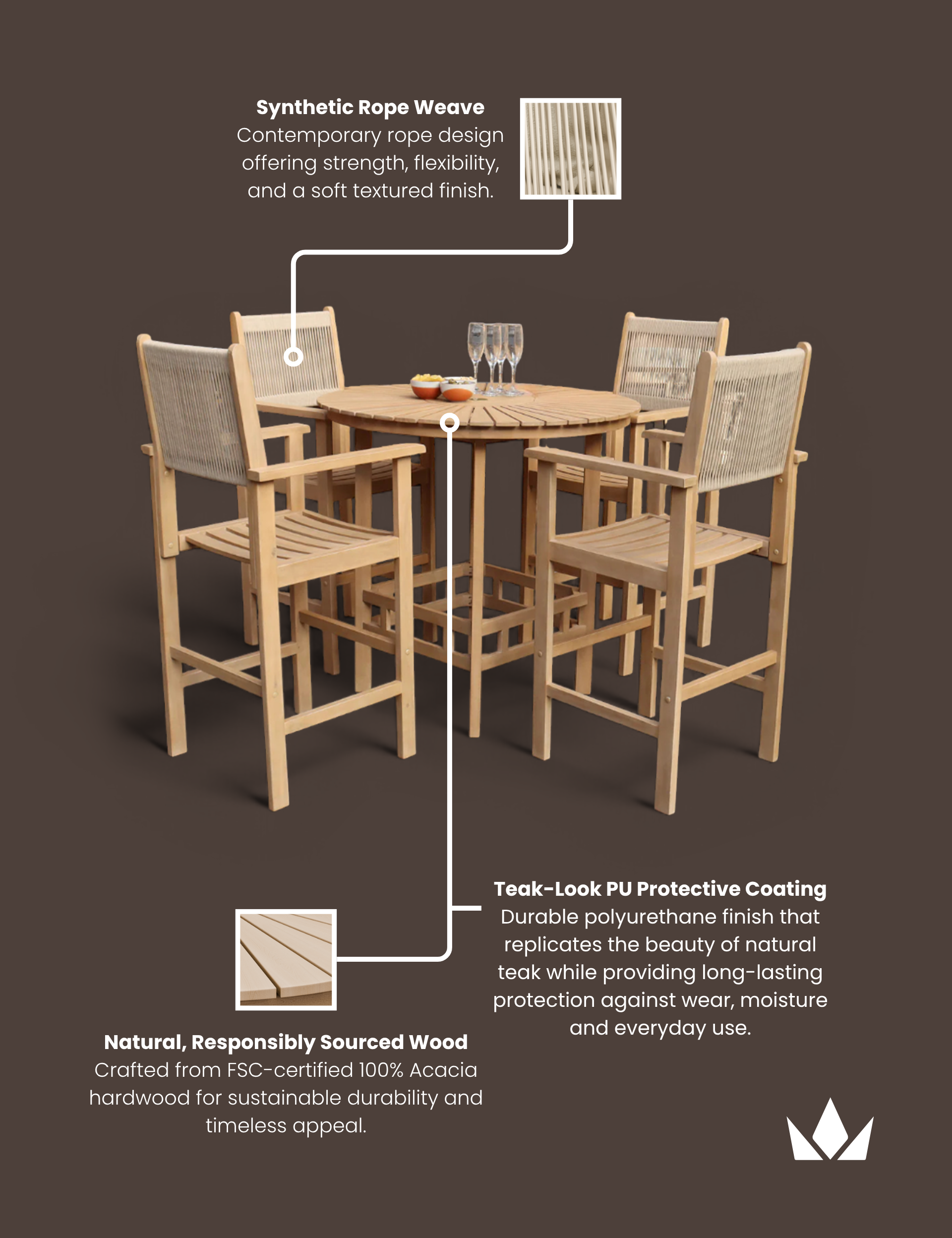 Roma 100cm Round Sunray High Bar Table with 4 Roma Rope Bar Stools