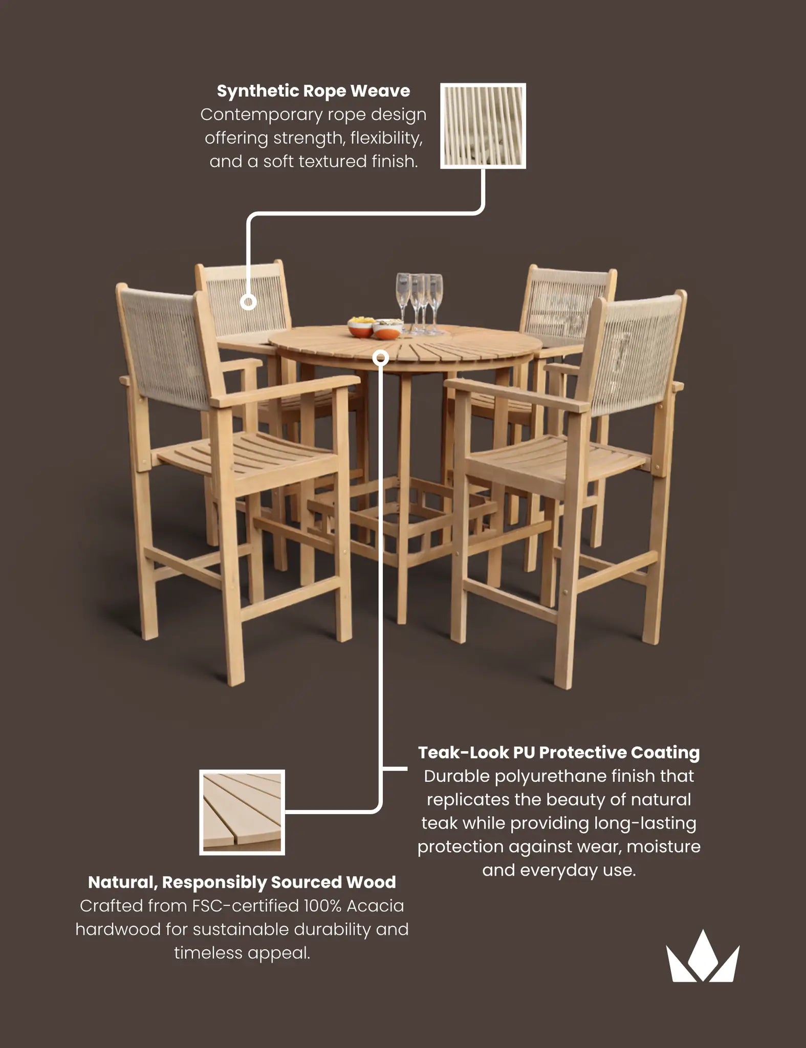 Image of Roma 100cm Round Sunray High Bar Table with 4 Roma Rope Bar Stools