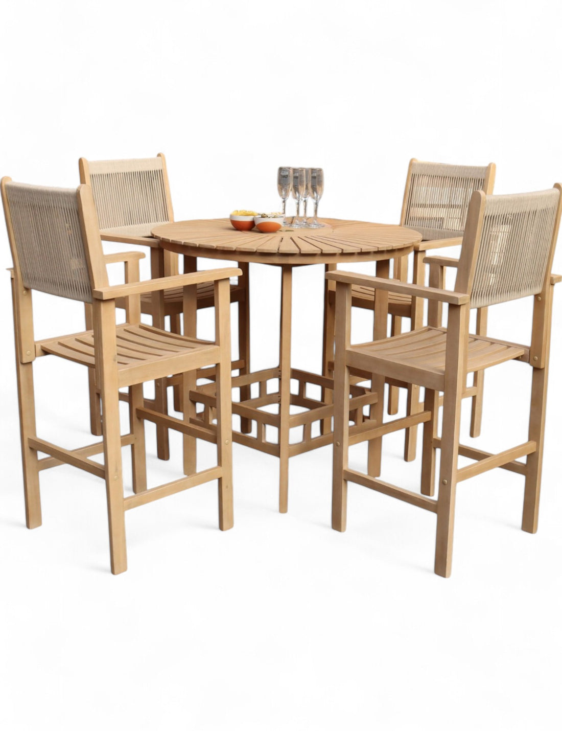 Roma 100cm Round Sunray High Bar Table with 4 Roma Rope Bar Stools