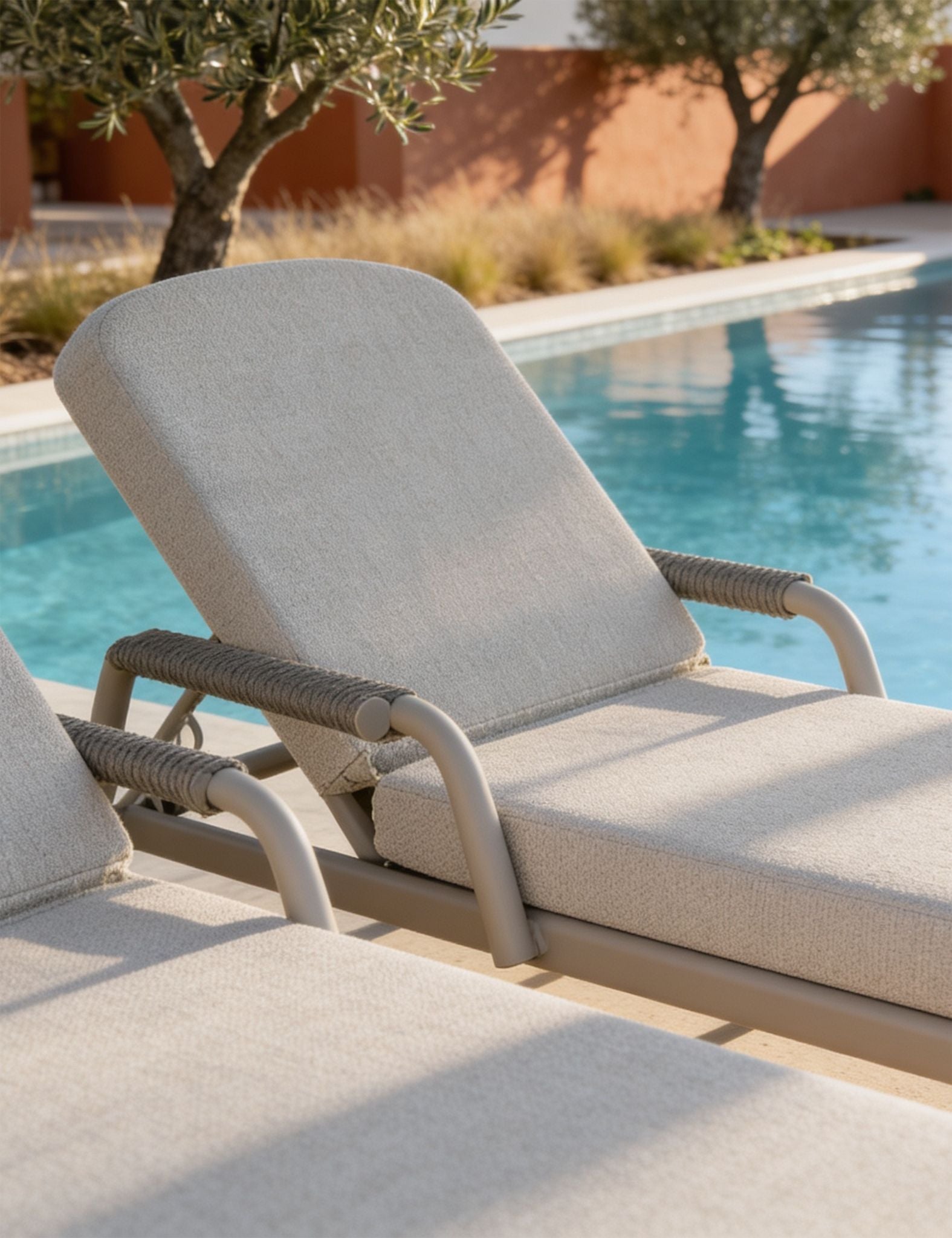 Image of Beige lounge chair by a pool with a blurred background