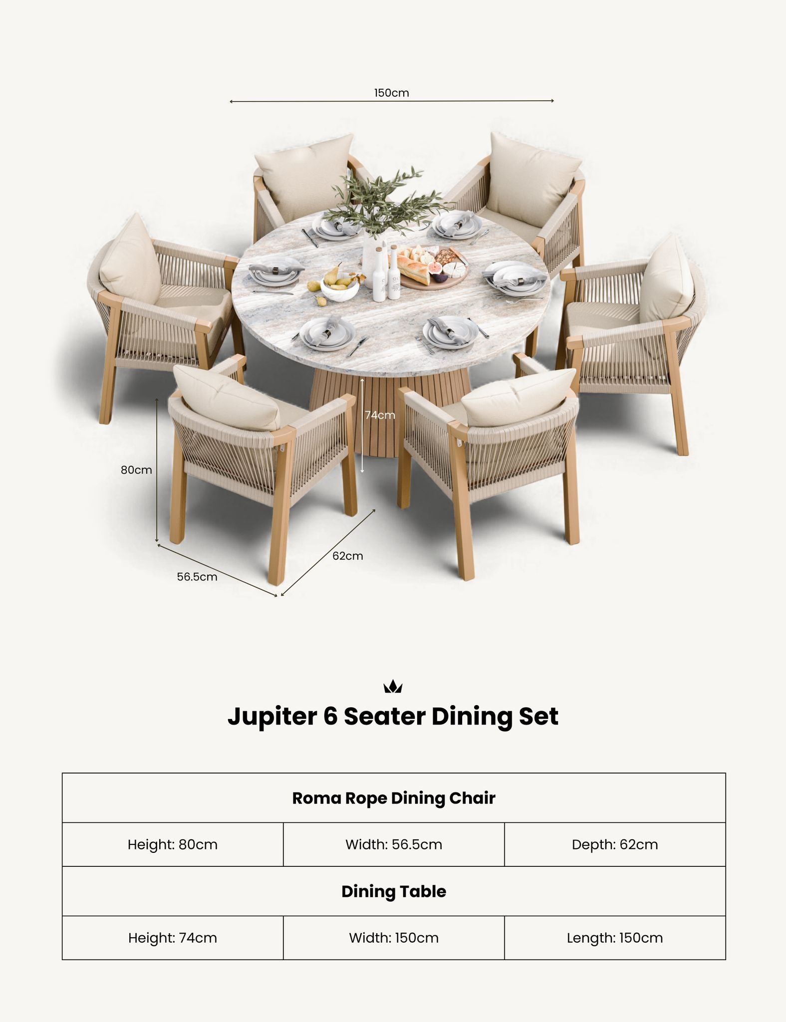 Image of Jupiter 6 Seater Round Conical Dining Set with Roma Dining Chairs